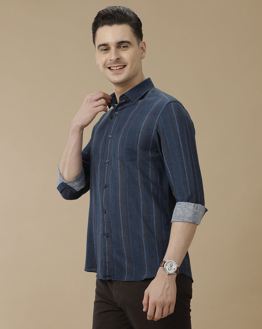 Men's Linen Rich Blue Striped Contemporary Fit Full Sleeve Casual Shirt