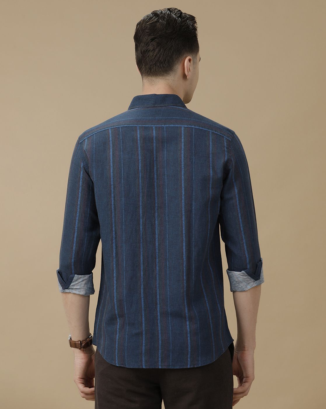 Men's Linen Rich Blue Striped Contemporary Fit Full Sleeve Casual Shirt