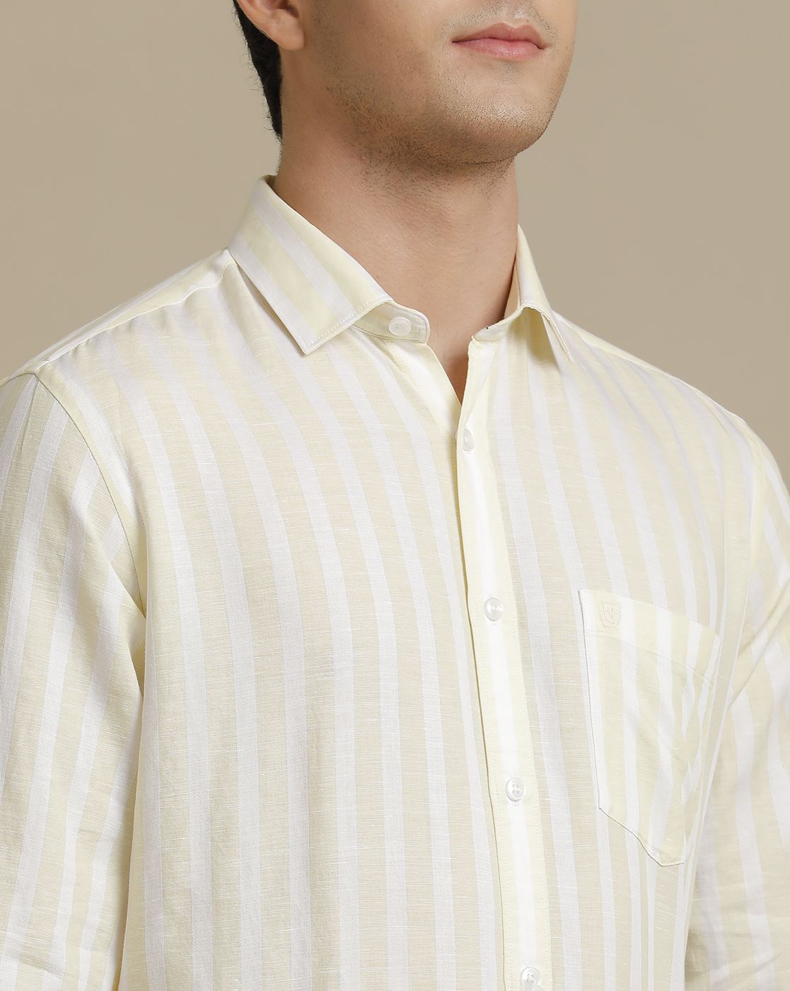 Linen Club Men's Premium Linen Yellow Striped Regular Fit Full Sleeve Casual Shirt