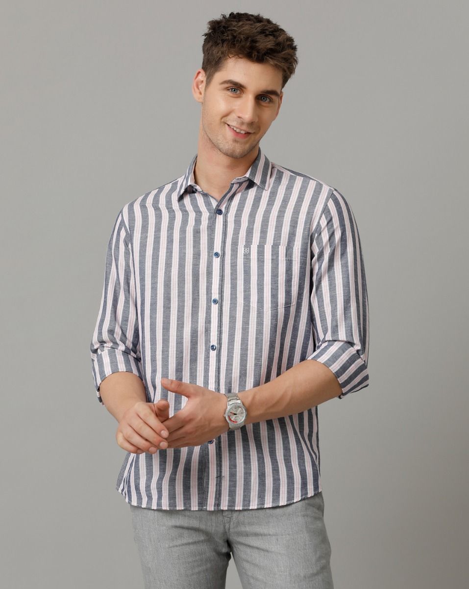 Linen Club Men's Linen Rich Grey Striped Contemporary fit Full sleeve Casual Shirt