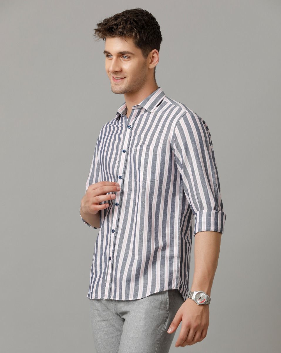 Linen Club Men's Linen Rich Grey Striped Contemporary fit Full sleeve Casual Shirt