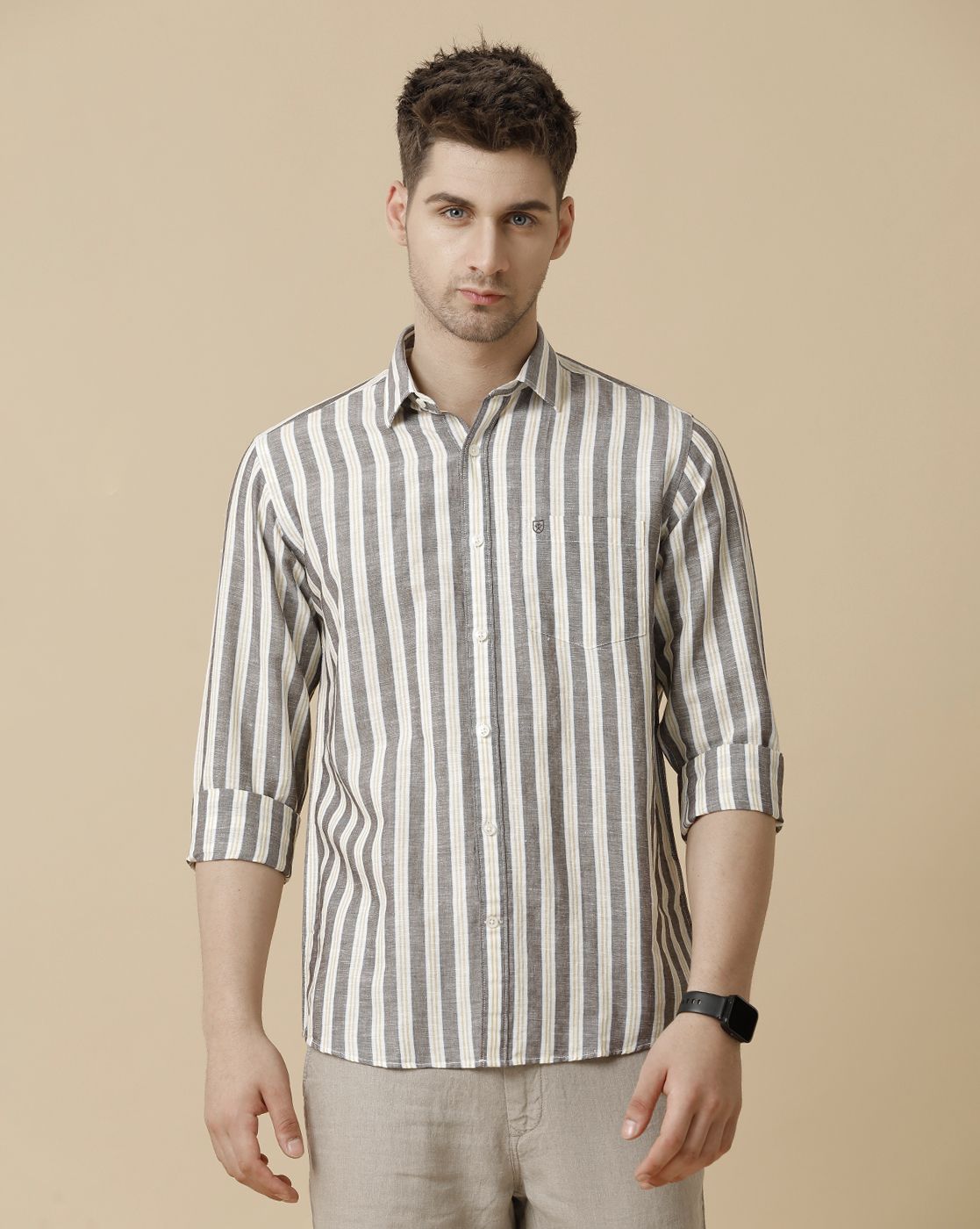 Linen Club Men's Linen Rich Grey Striped Contemporary fit Full sleeve Casual Shirt