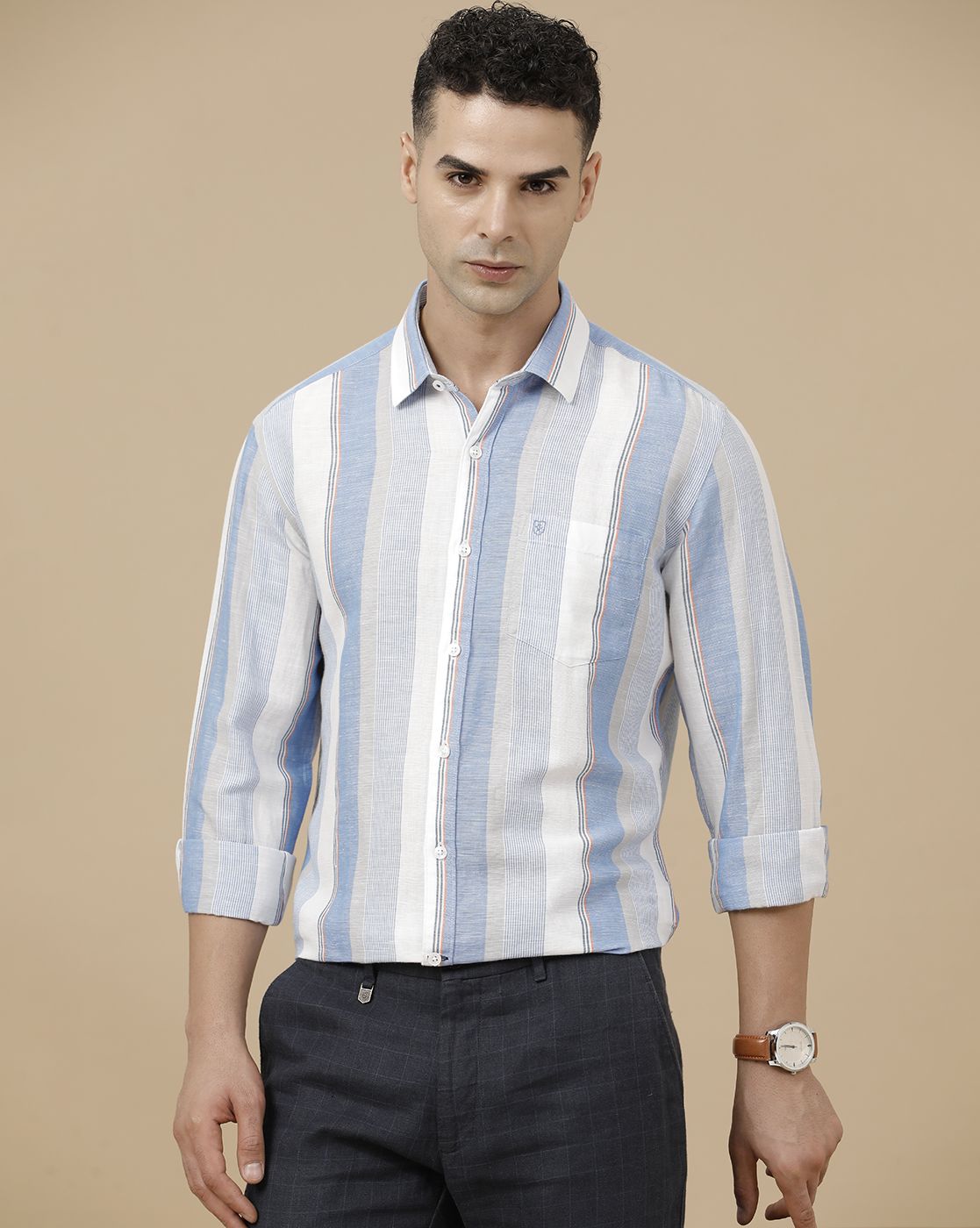 Linen Club Men's Linen Rich Blue Striped Contemporary Fit Full Sleeve Casual Shirt