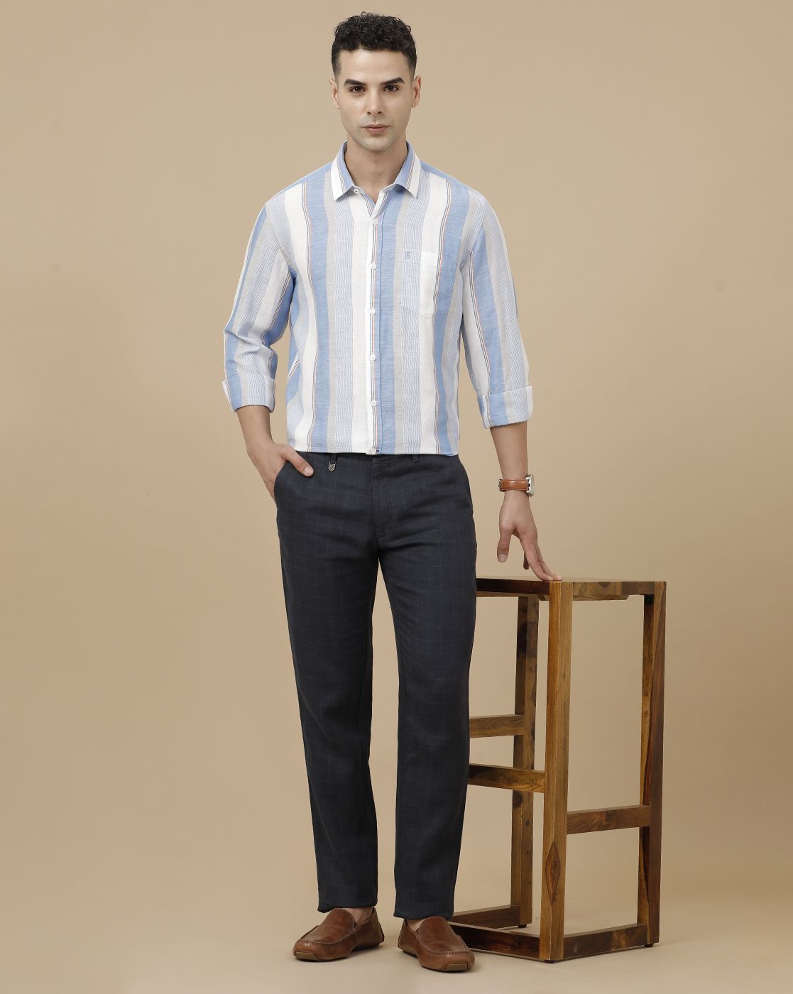 Linen Club Men's Linen Rich Blue Striped Contemporary Fit Full Sleeve Casual Shirt