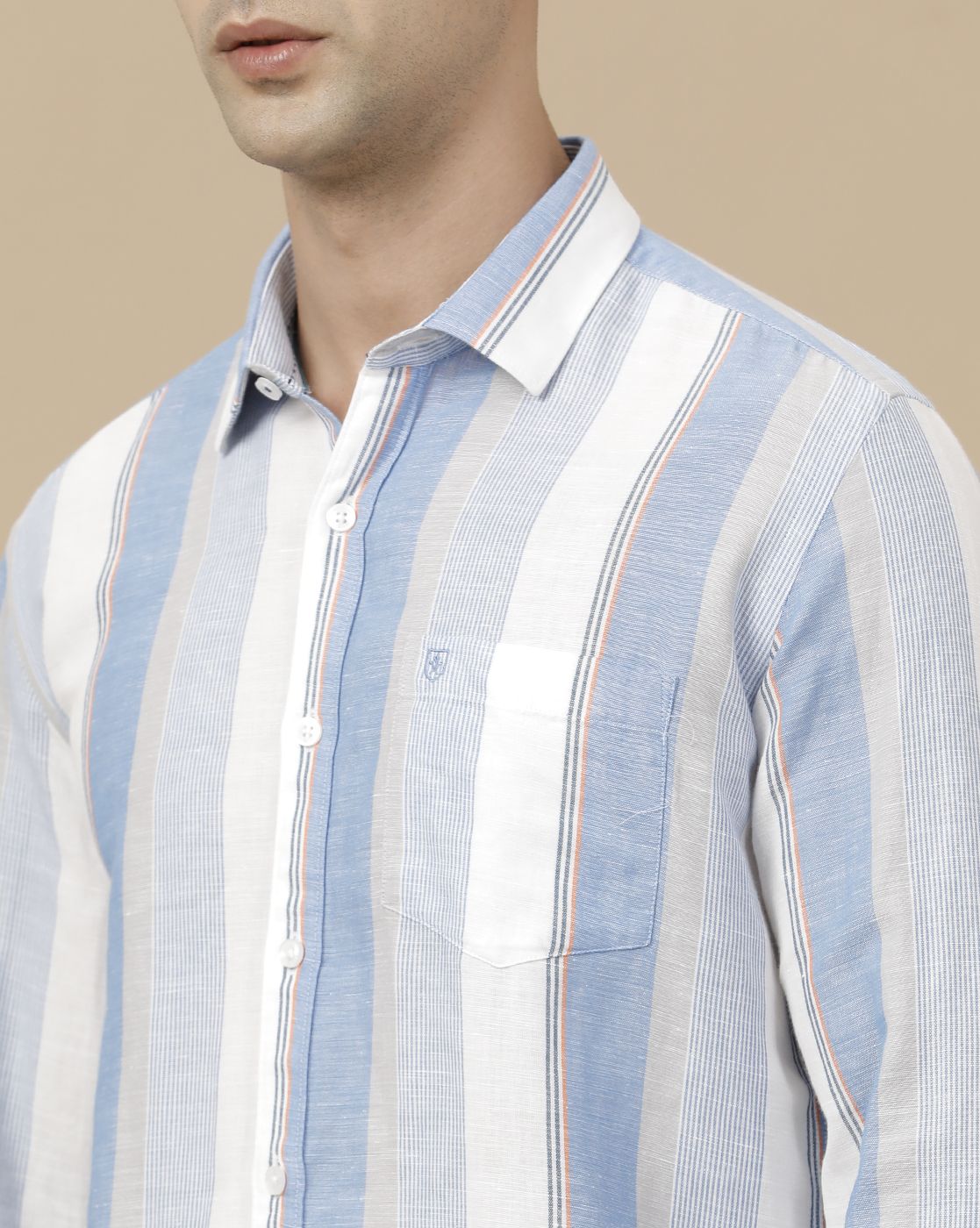 Linen Club Men's Linen Rich Blue Striped Contemporary Fit Full Sleeve Casual Shirt