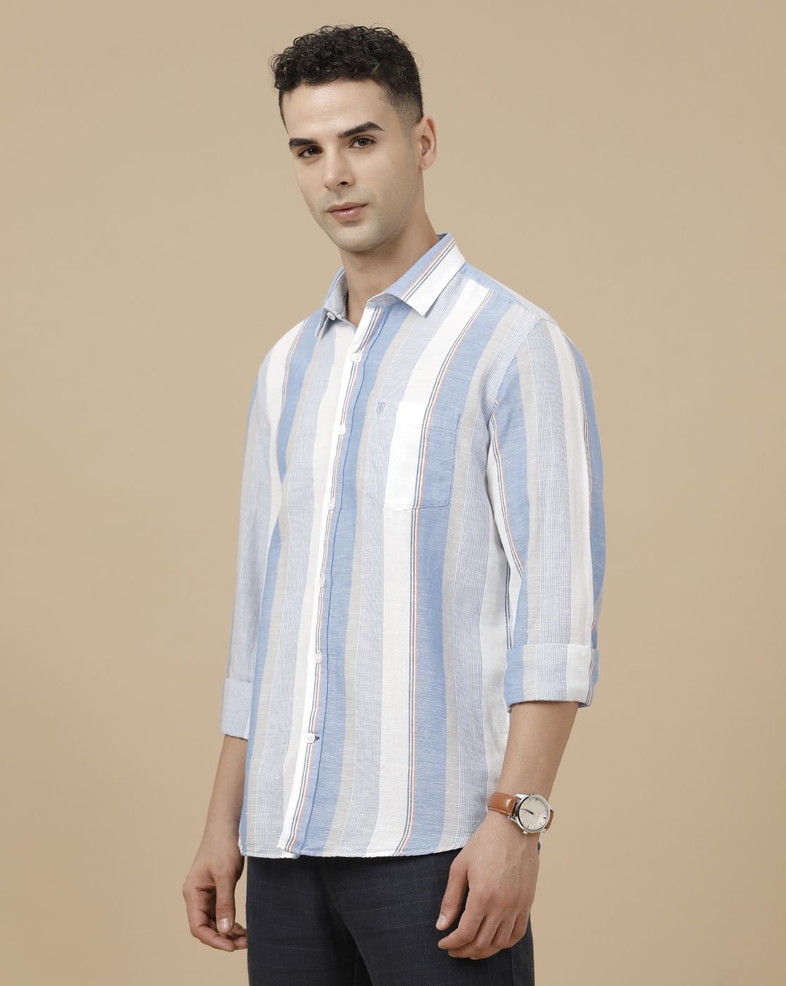 Linen Club Men's Linen Rich Blue Striped Contemporary Fit Full Sleeve Casual Shirt