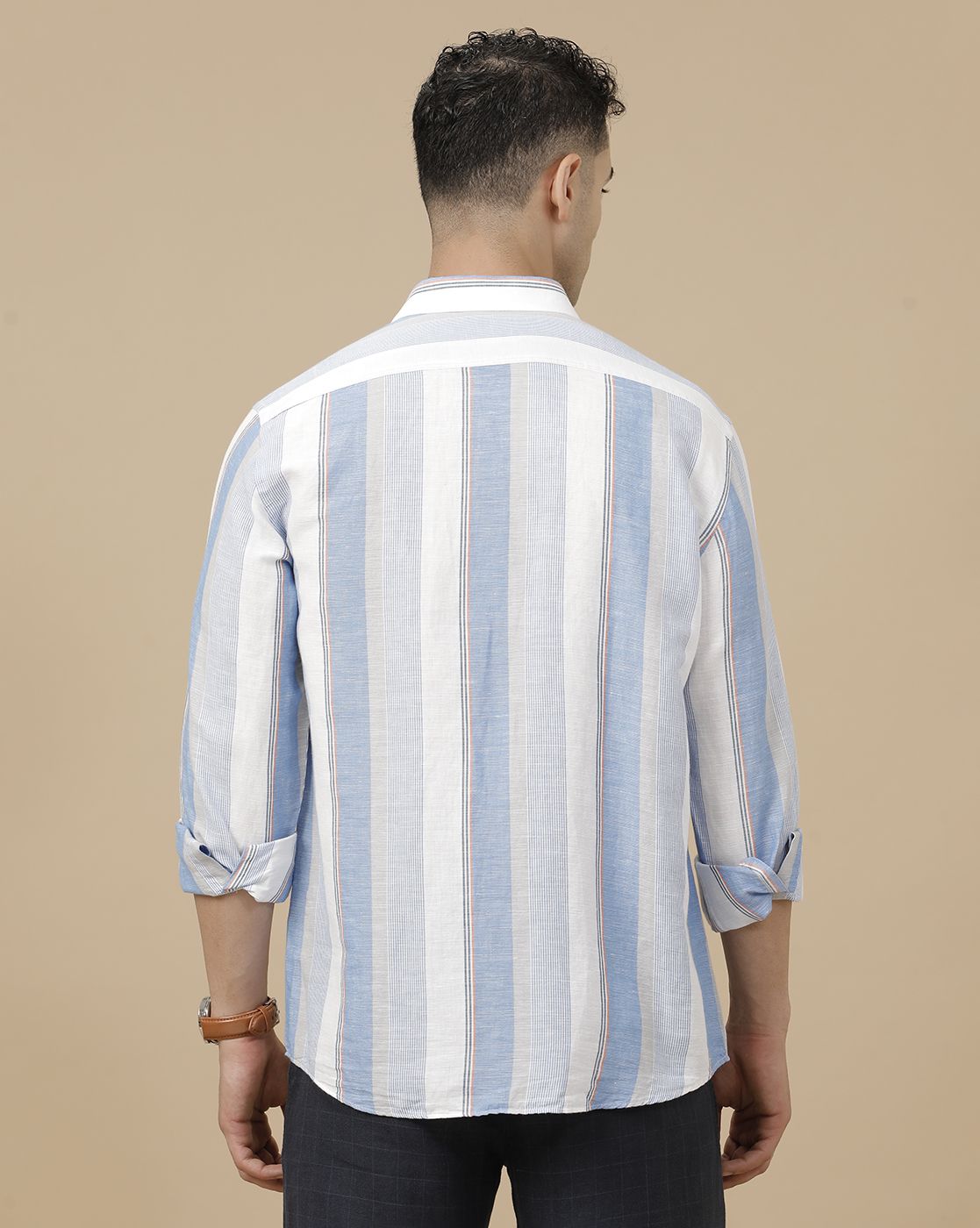Linen Club Men's Linen Rich Blue Striped Contemporary Fit Full Sleeve Casual Shirt