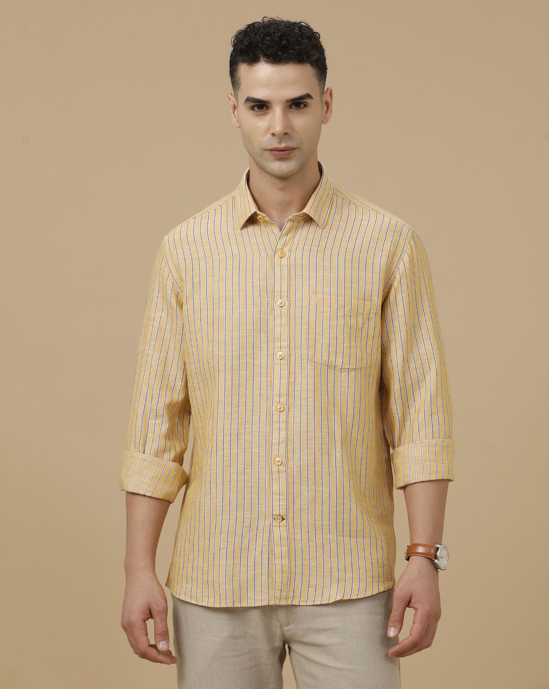 Linen Club Men's Linen Rich Yellow Striped Contemporary Fit Full Sleeve Casual Shirt
