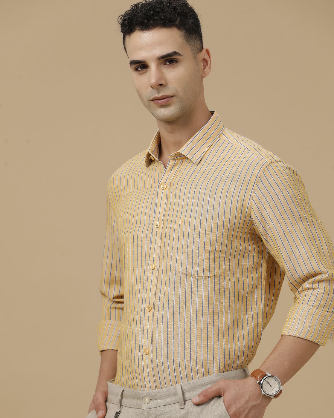 Linen Club Men's Linen Rich Yellow Striped Contemporary Fit Full Sleeve Casual Shirt