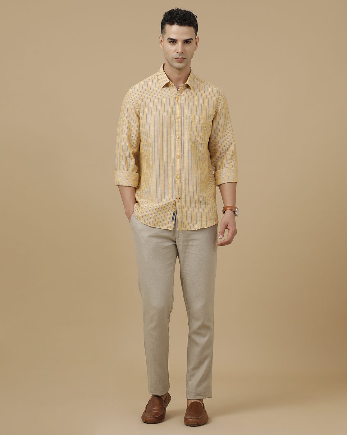 Linen Club Men's Linen Rich Yellow Striped Contemporary Fit Full Sleeve Casual Shirt