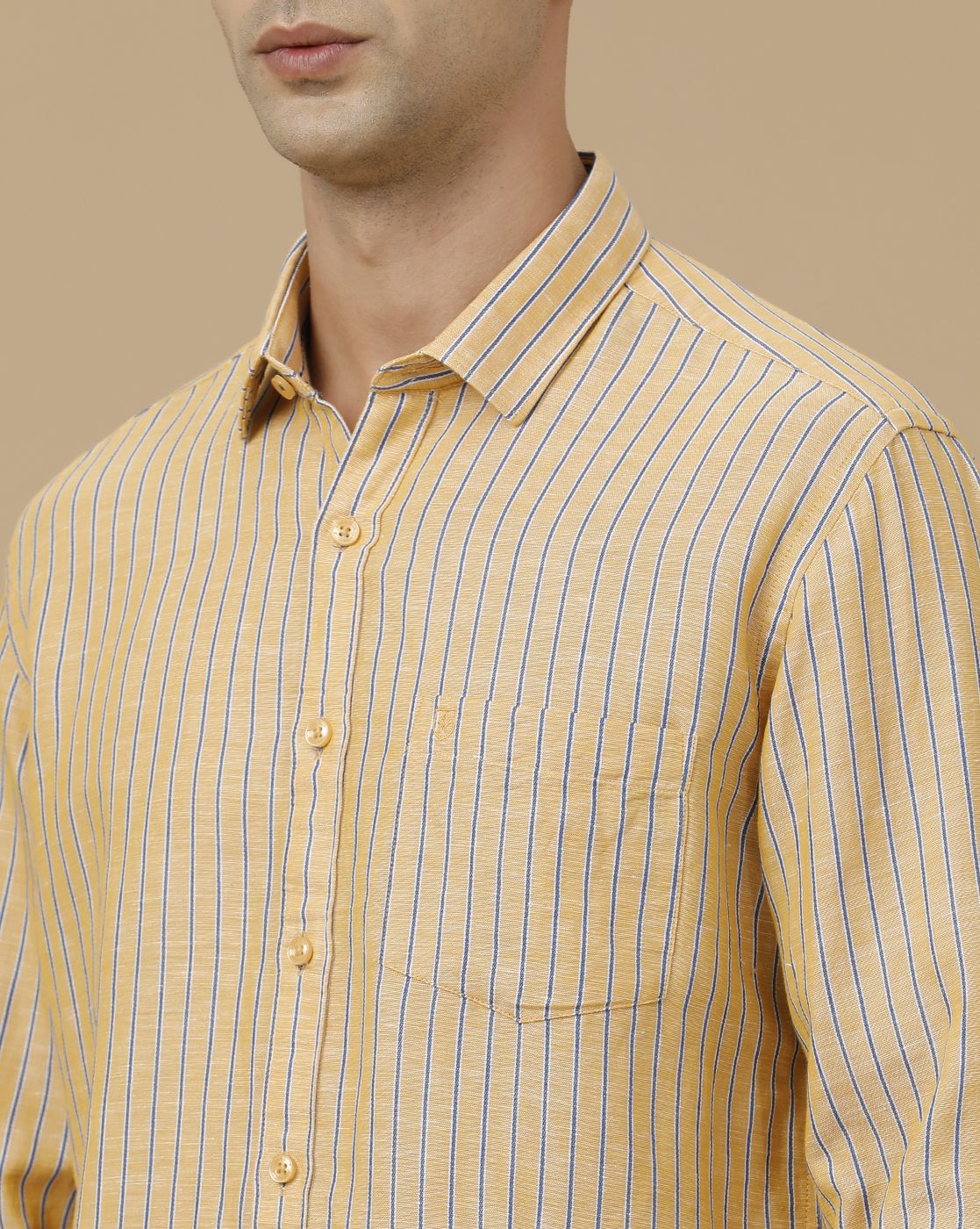 Linen Club Men's Linen Rich Yellow Striped Contemporary Fit Full Sleeve Casual Shirt