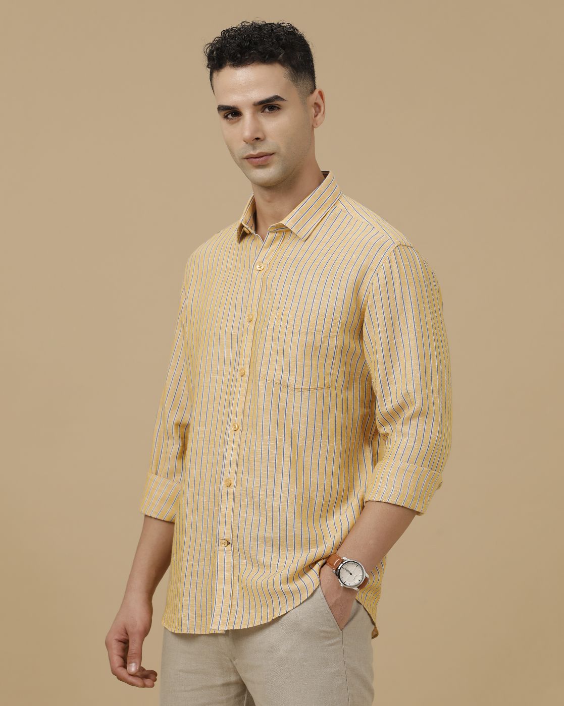 Linen Club Men's Linen Rich Yellow Striped Contemporary Fit Full Sleeve Casual Shirt