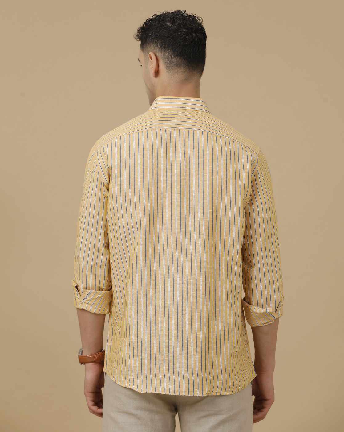 Linen Club Men's Linen Rich Yellow Striped Contemporary Fit Full Sleeve Casual Shirt