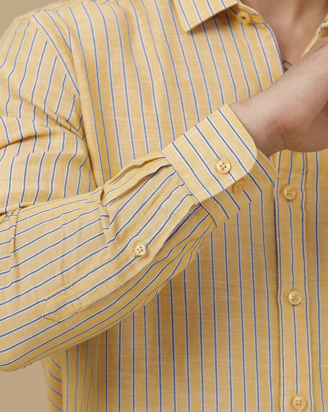 Linen Club Men's Linen Rich Yellow Striped Contemporary Fit Full Sleeve Casual Shirt