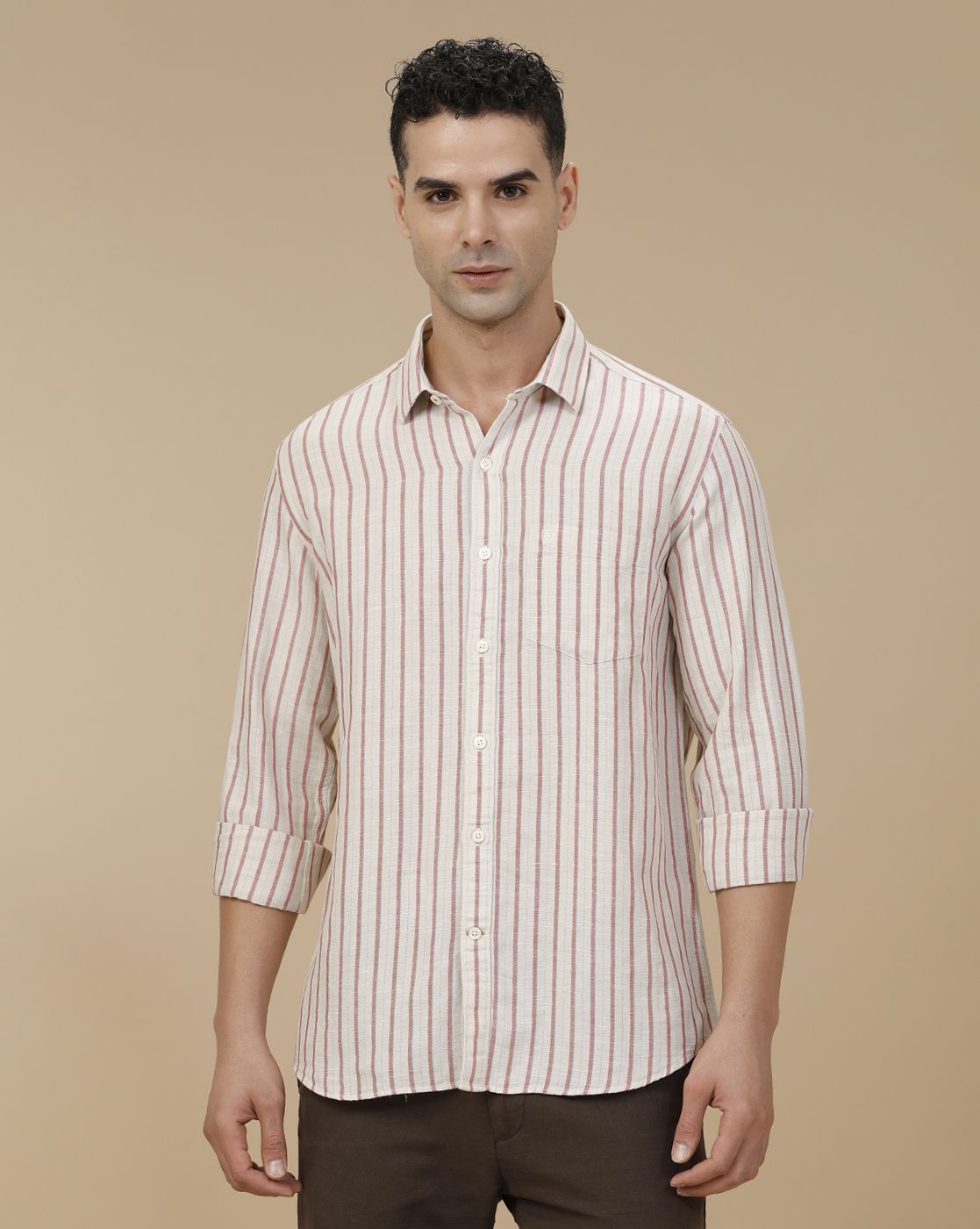 Linen Club Men's Linen Rich Red Striped Contemporary Fit Full Sleeve Casual Shirt