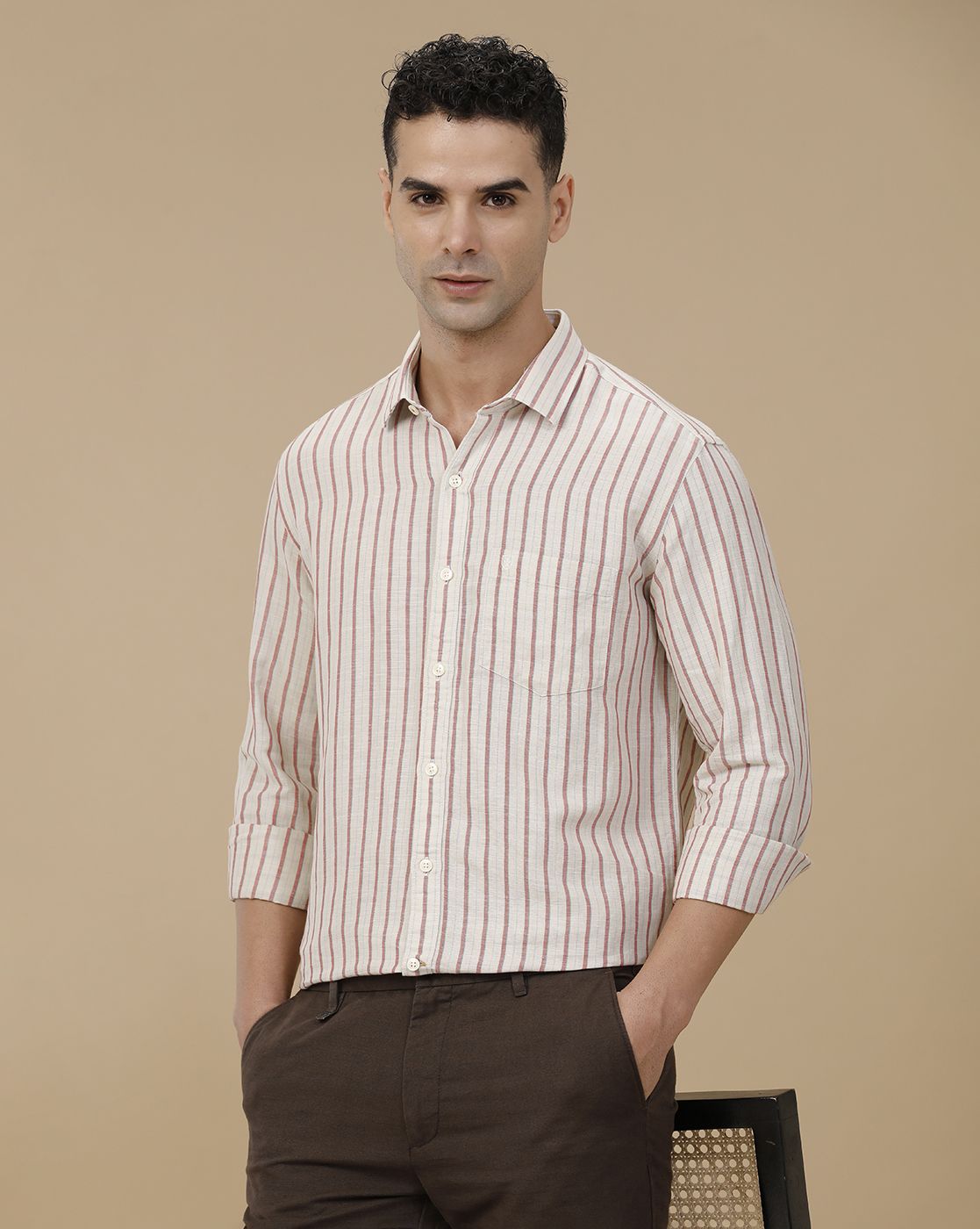 Linen Club Men's Linen Rich Red Striped Contemporary Fit Full Sleeve Casual Shirt