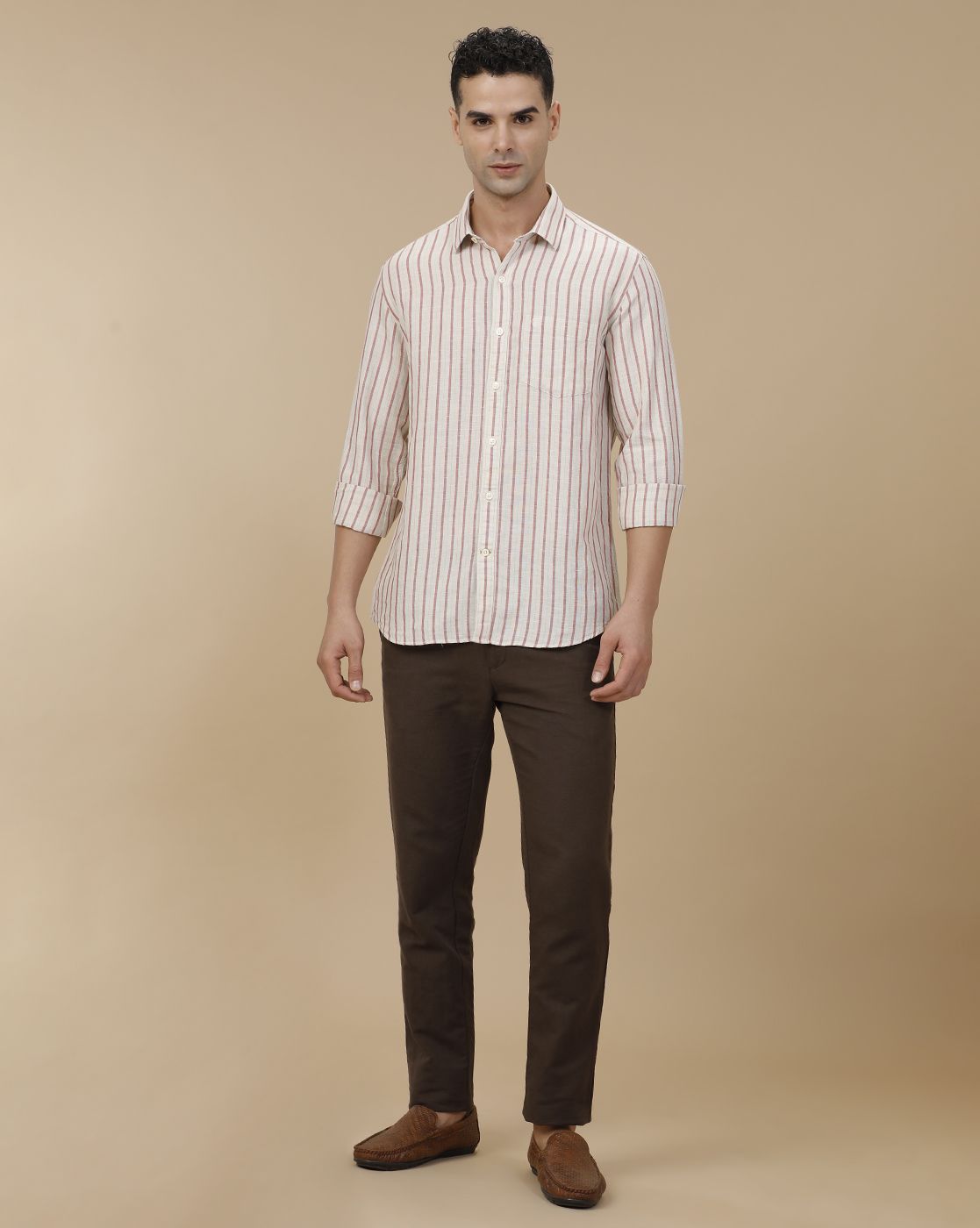 Linen Club Men's Linen Rich Red Striped Contemporary Fit Full Sleeve Casual Shirt
