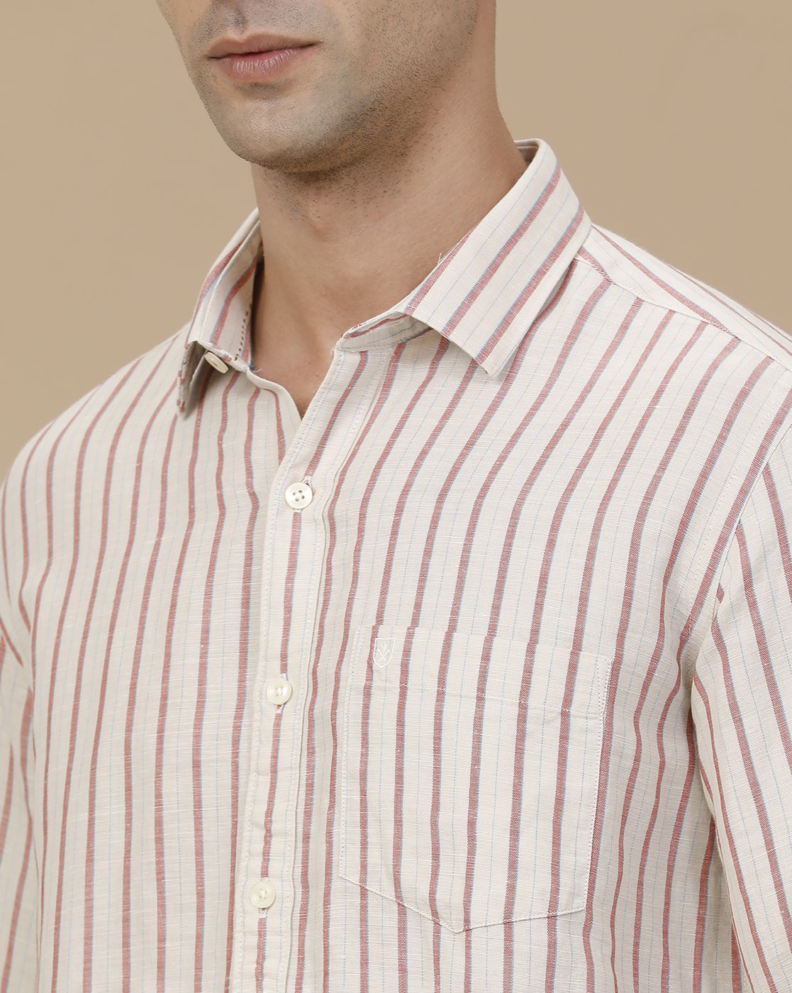 Linen Club Men's Linen Rich Red Striped Contemporary Fit Full Sleeve Casual Shirt