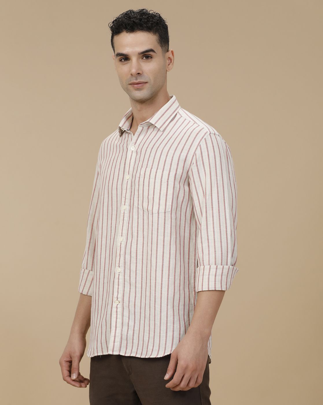 Linen Club Men's Linen Rich Red Striped Contemporary Fit Full Sleeve Casual Shirt