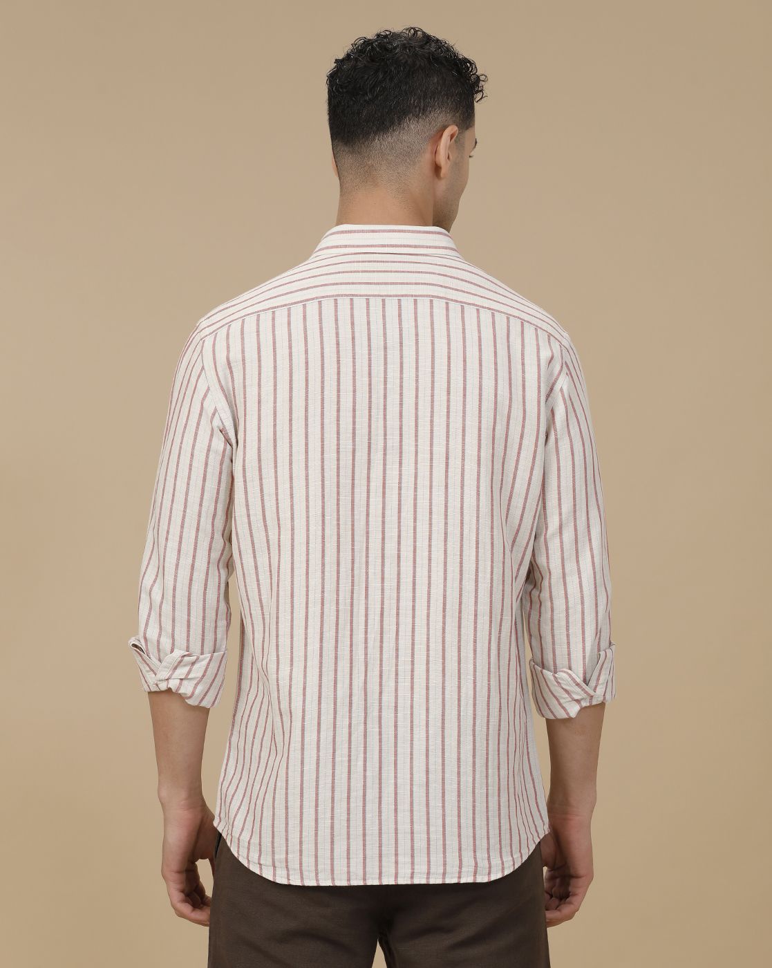 Linen Club Men's Linen Rich Red Striped Contemporary Fit Full Sleeve Casual Shirt