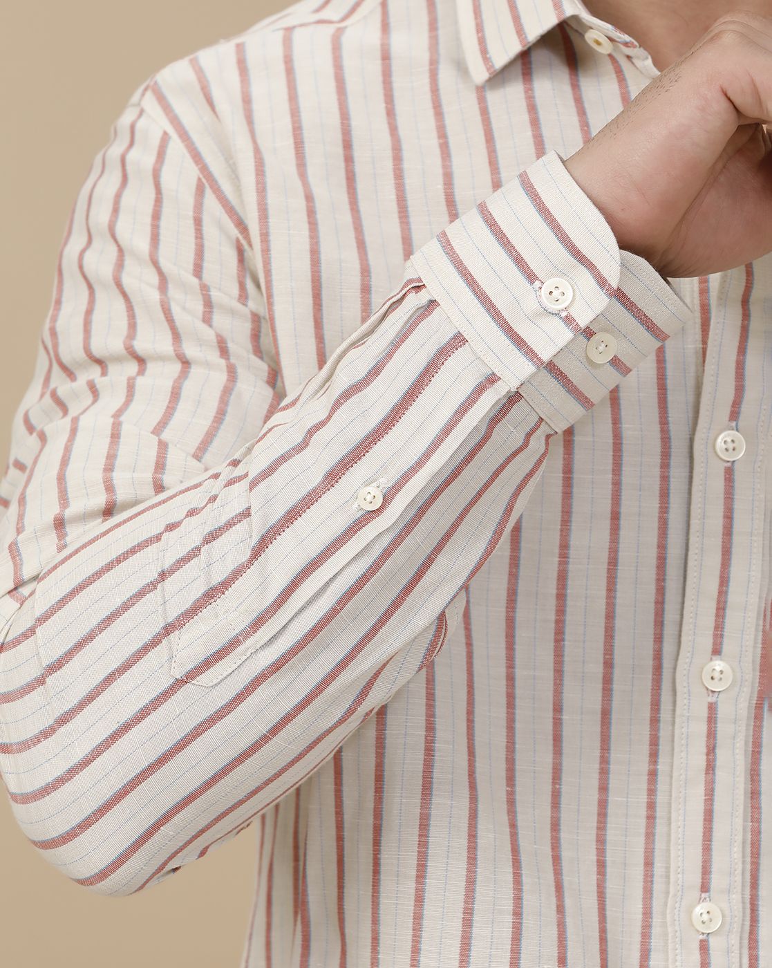 Linen Club Men's Linen Rich Red Striped Contemporary Fit Full Sleeve Casual Shirt