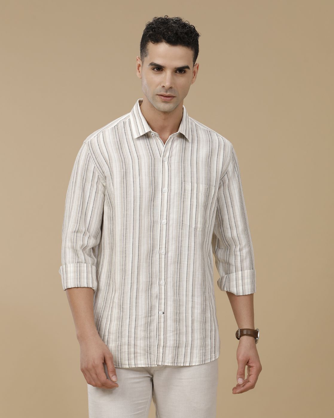 Linen Club Men's Linen Rich Brown Striped Contemporary Fit Full Sleeve Casual Shirt