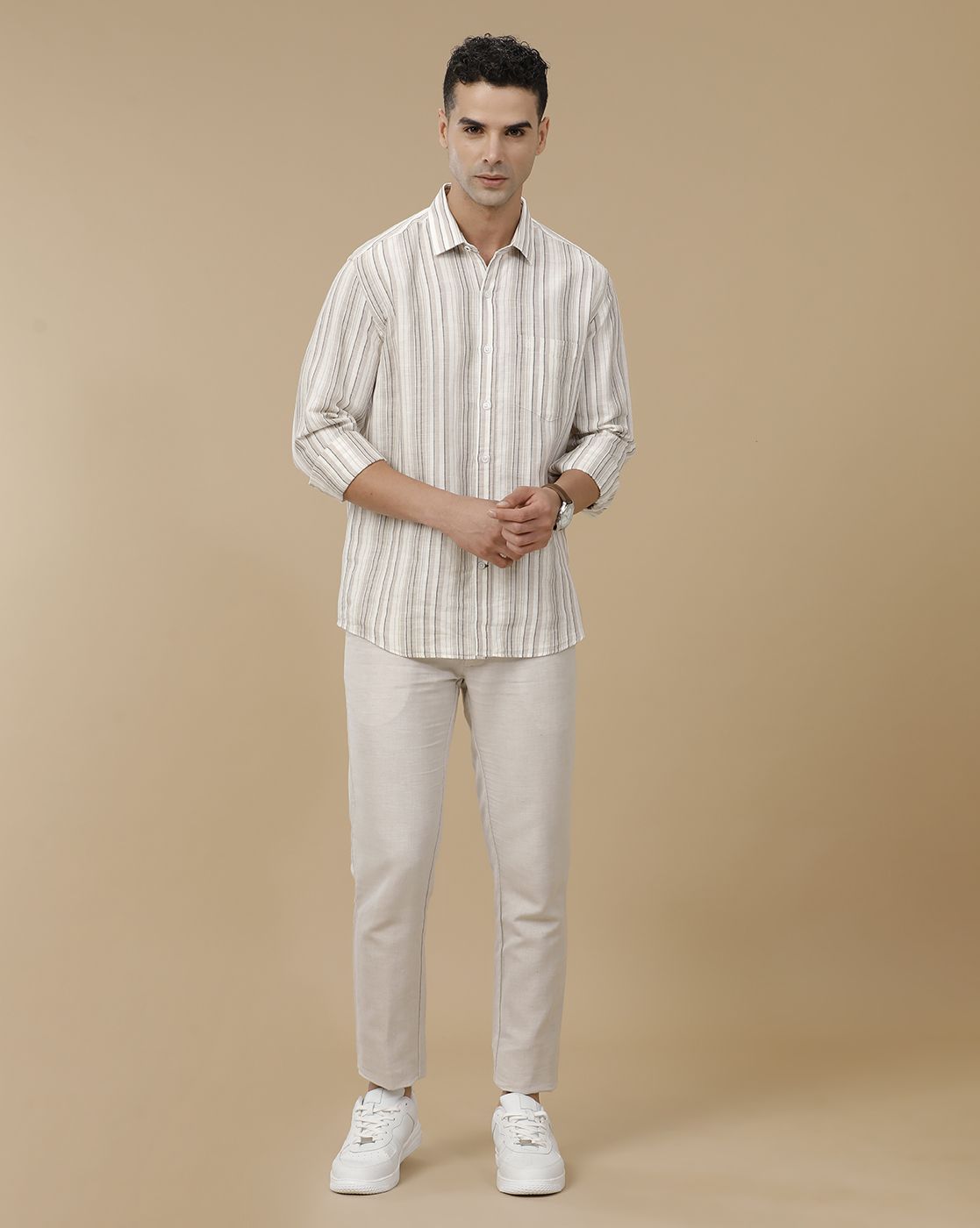 Linen Club Men's Linen Rich Brown Striped Contemporary Fit Full Sleeve Casual Shirt