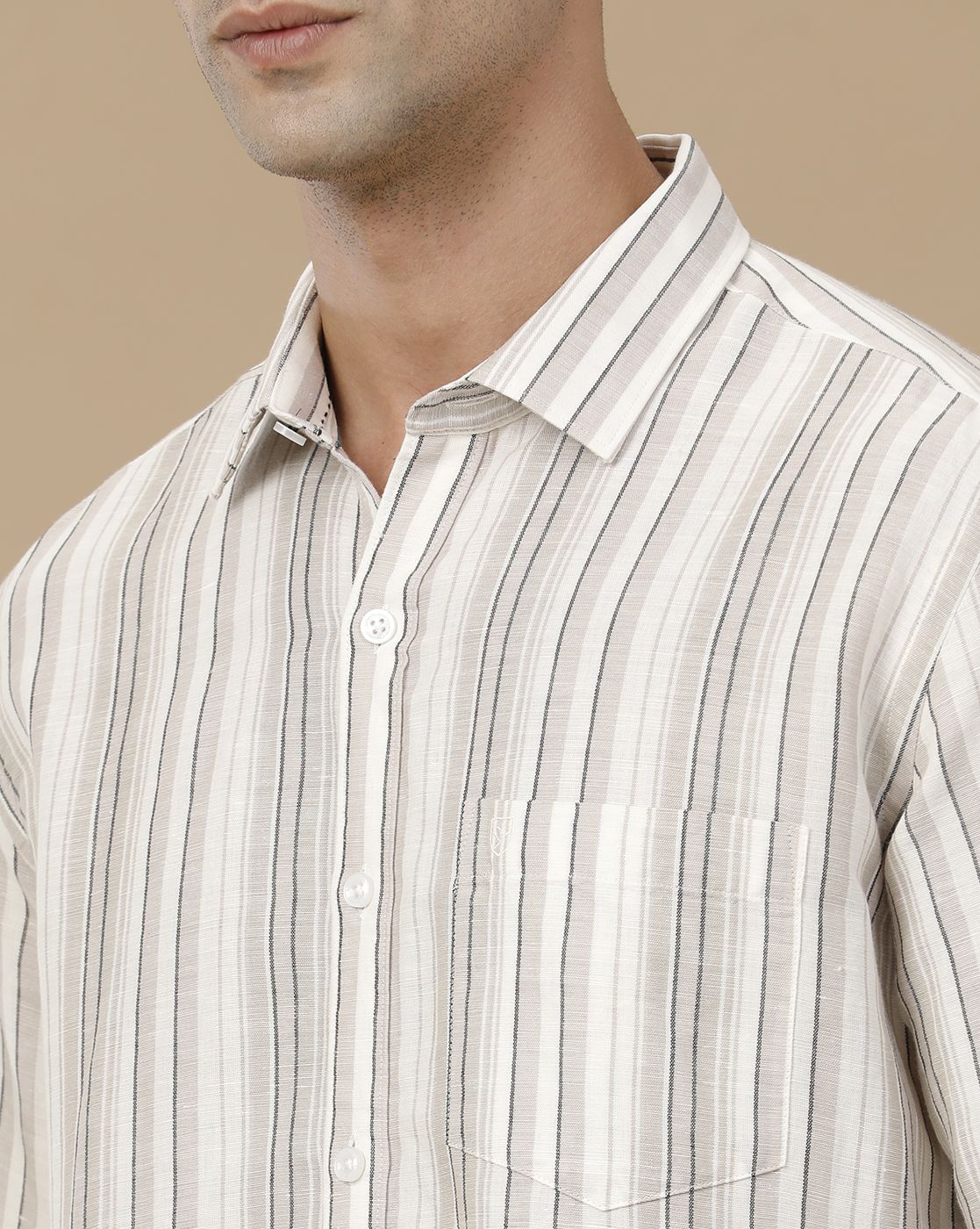 Linen Club Men's Linen Rich Brown Striped Contemporary Fit Full Sleeve Casual Shirt