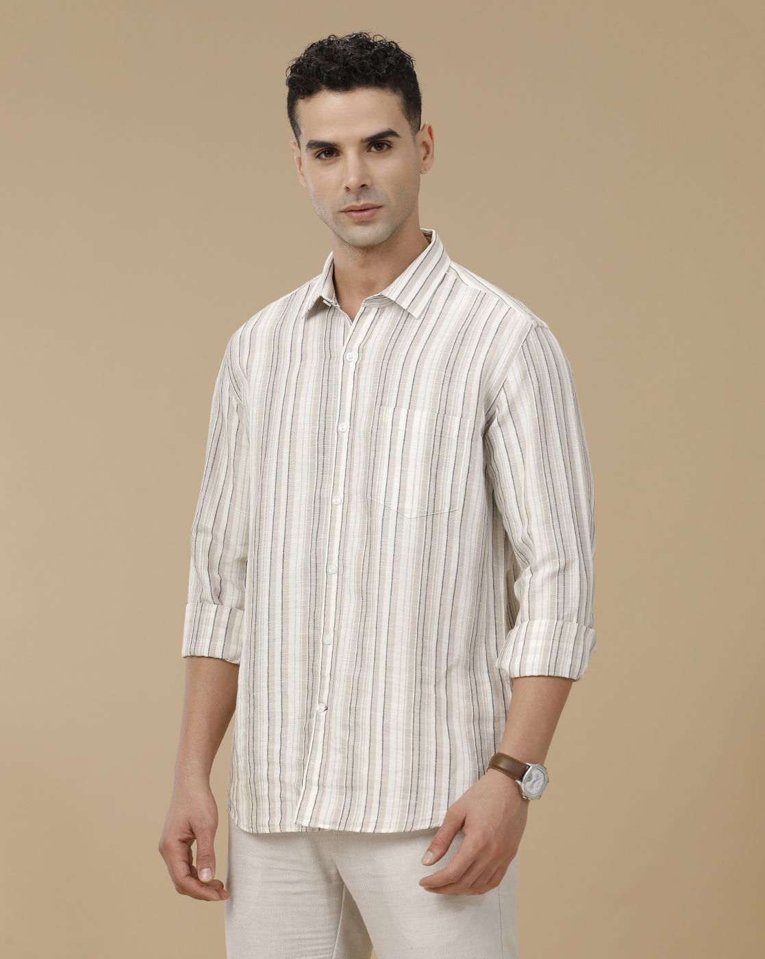 Linen Club Men's Linen Rich Brown Striped Contemporary Fit Full Sleeve Casual Shirt