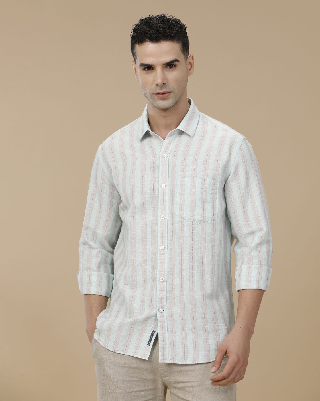 Linen Club Men's Linen Rich Green Striped Contemporary Fit Full Sleeve Casual Shirt