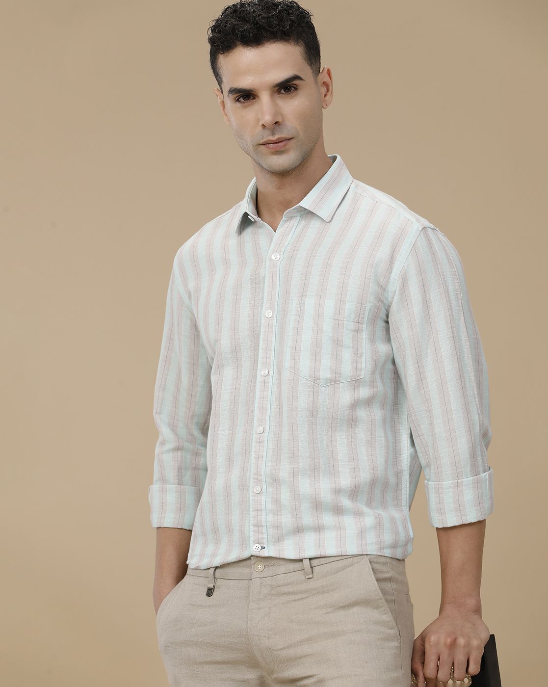 Linen Club Men's Linen Rich Green Striped Contemporary Fit Full Sleeve Casual Shirt