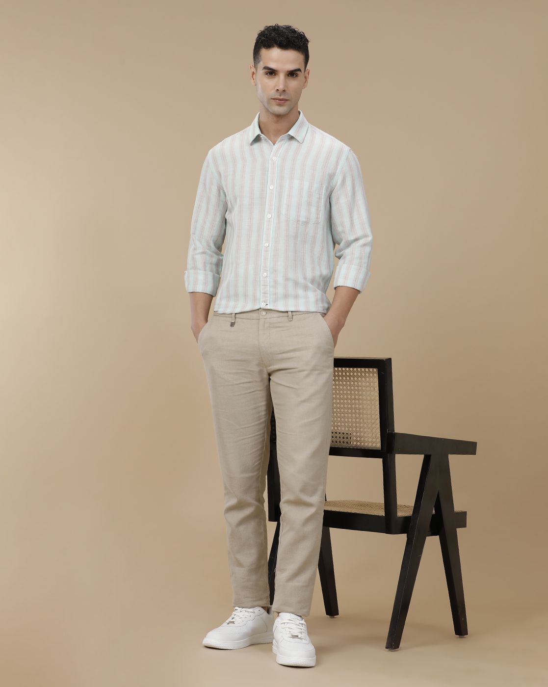 Linen Club Men's Linen Rich Green Striped Contemporary Fit Full Sleeve Casual Shirt