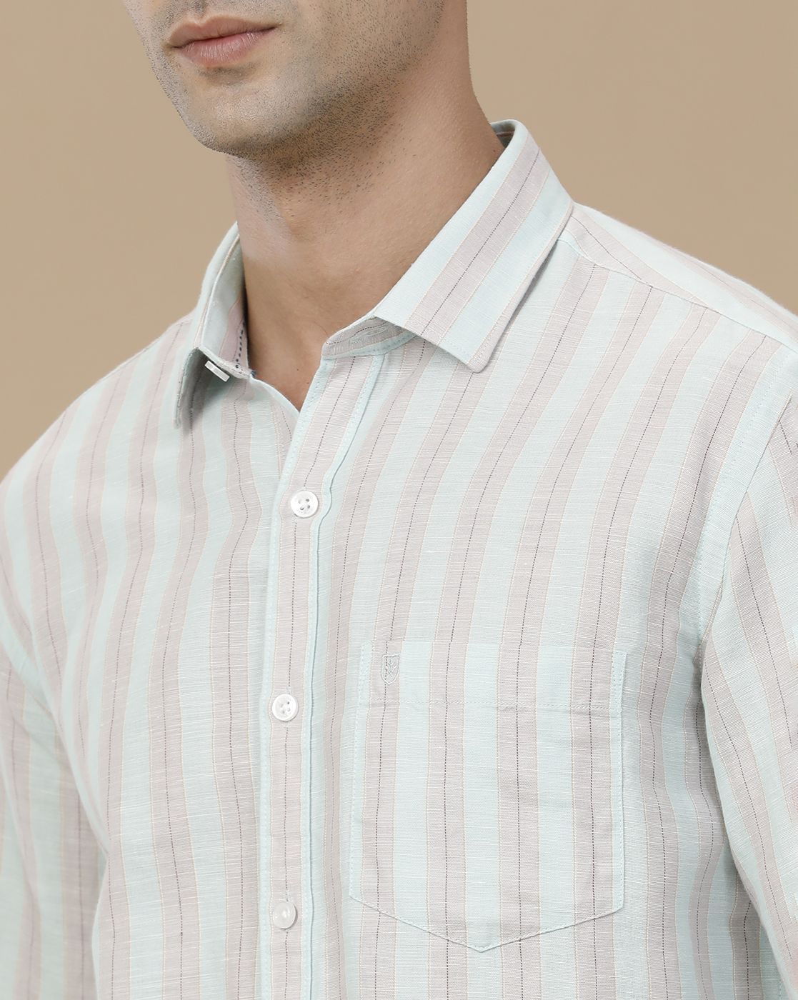 Linen Club Men's Linen Rich Green Striped Contemporary Fit Full Sleeve Casual Shirt