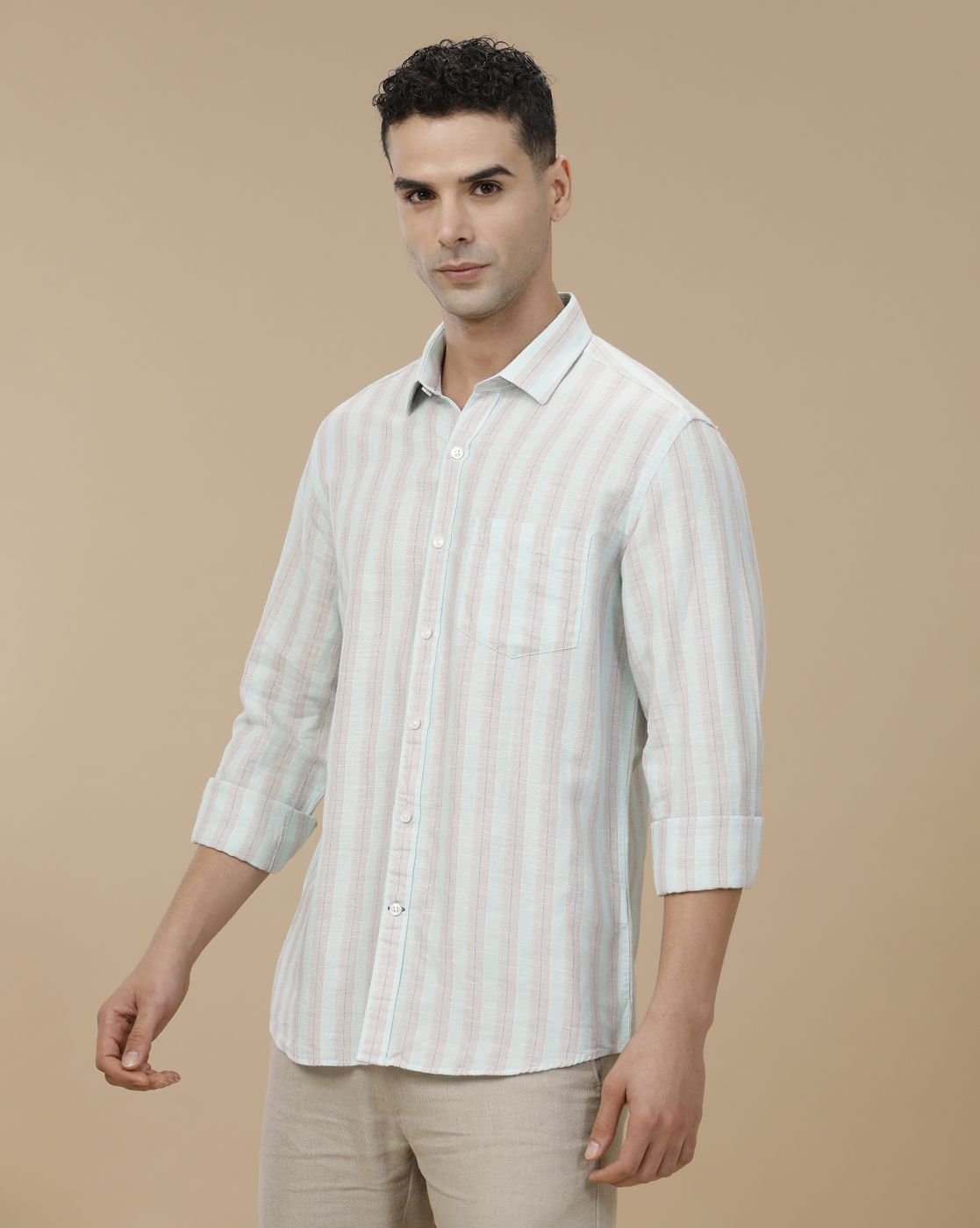 Linen Club Men's Linen Rich Green Striped Contemporary Fit Full Sleeve Casual Shirt