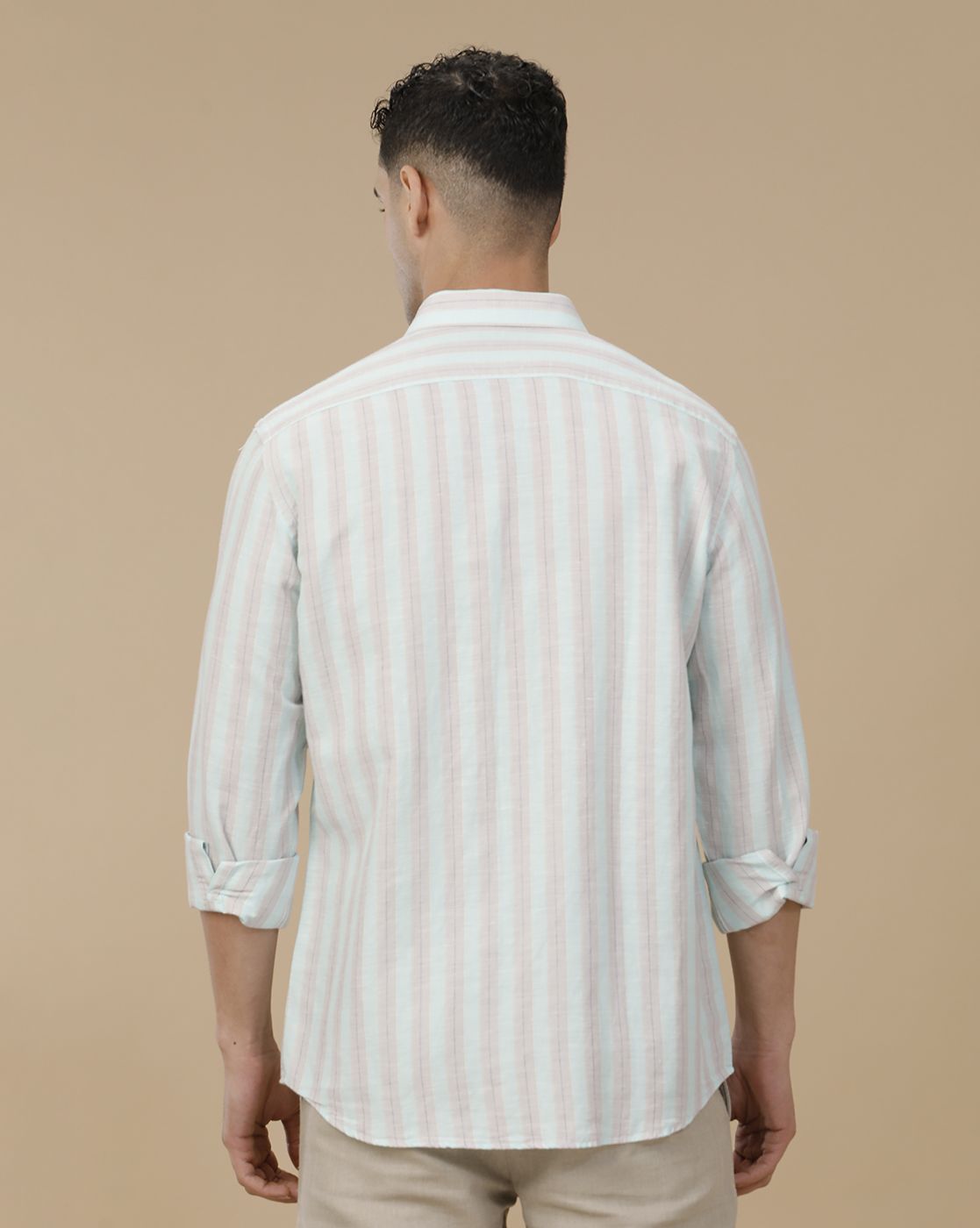 Linen Club Men's Linen Rich Green Striped Contemporary Fit Full Sleeve Casual Shirt