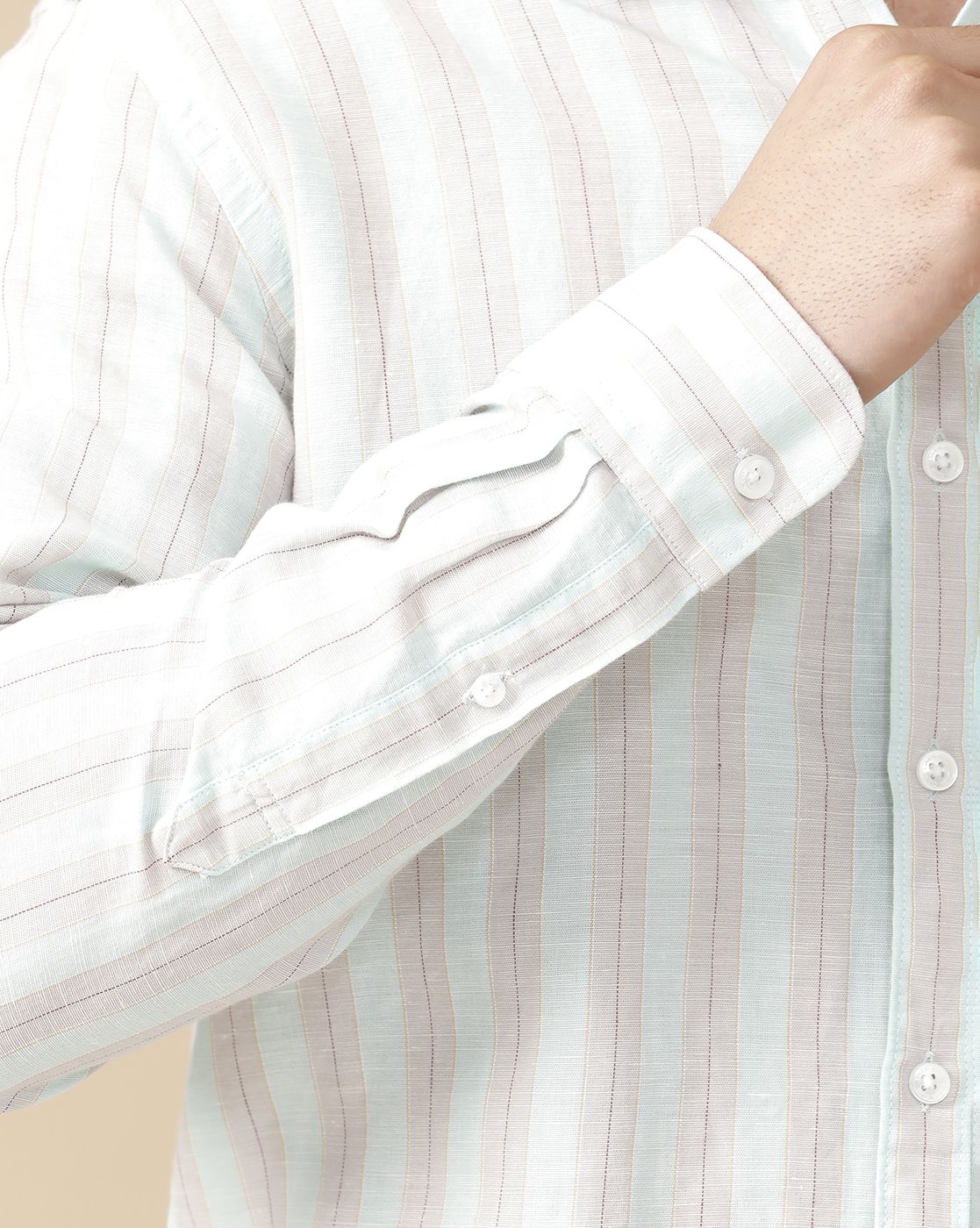Linen Club Men's Linen Rich Green Striped Contemporary Fit Full Sleeve Casual Shirt
