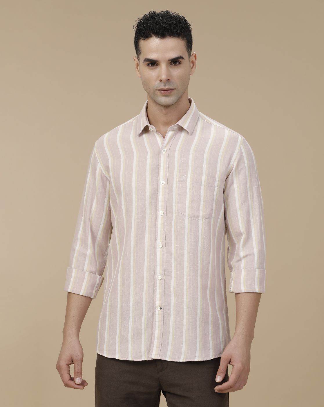 Linen Club Men's Linen Rich Purple Striped Contemporary Fit Full Sleeve Casual Shirt