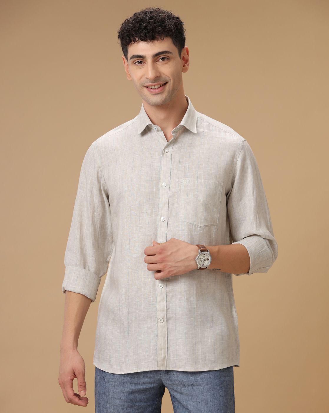 Men's Pure Linen Grey Striped Contemporary Fit Full Sleeve Casual Shirt