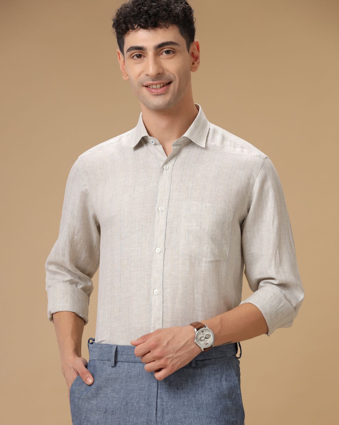 Men's Pure Linen Grey Striped Contemporary Fit Full Sleeve Casual Shirt