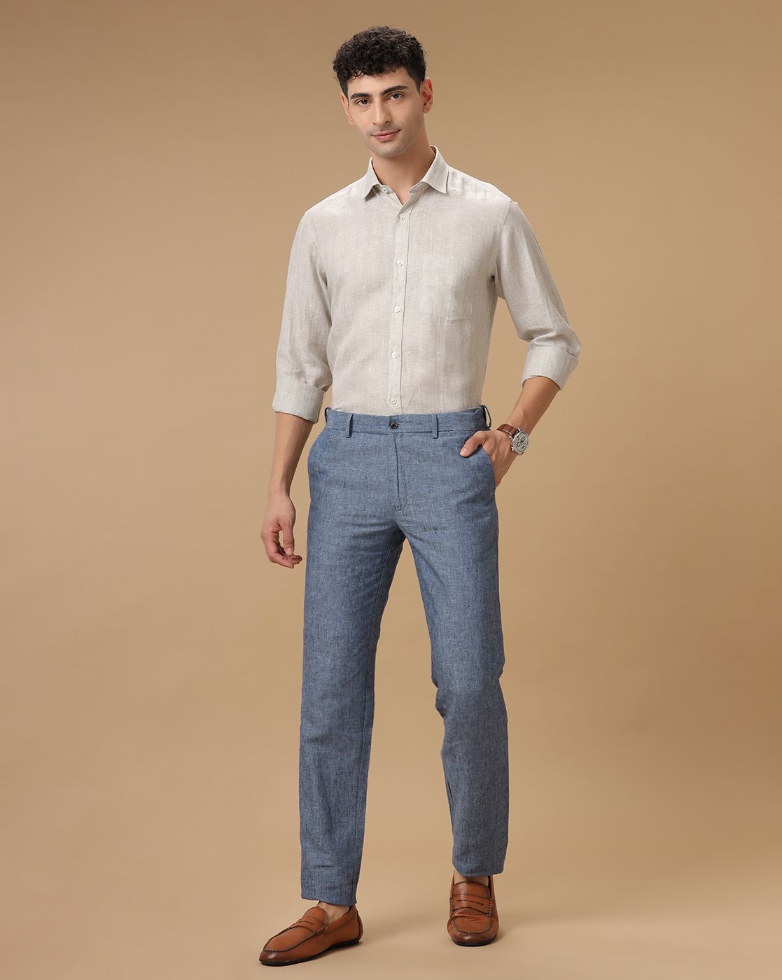 Men's Pure Linen Grey Striped Contemporary Fit Full Sleeve Casual Shirt
