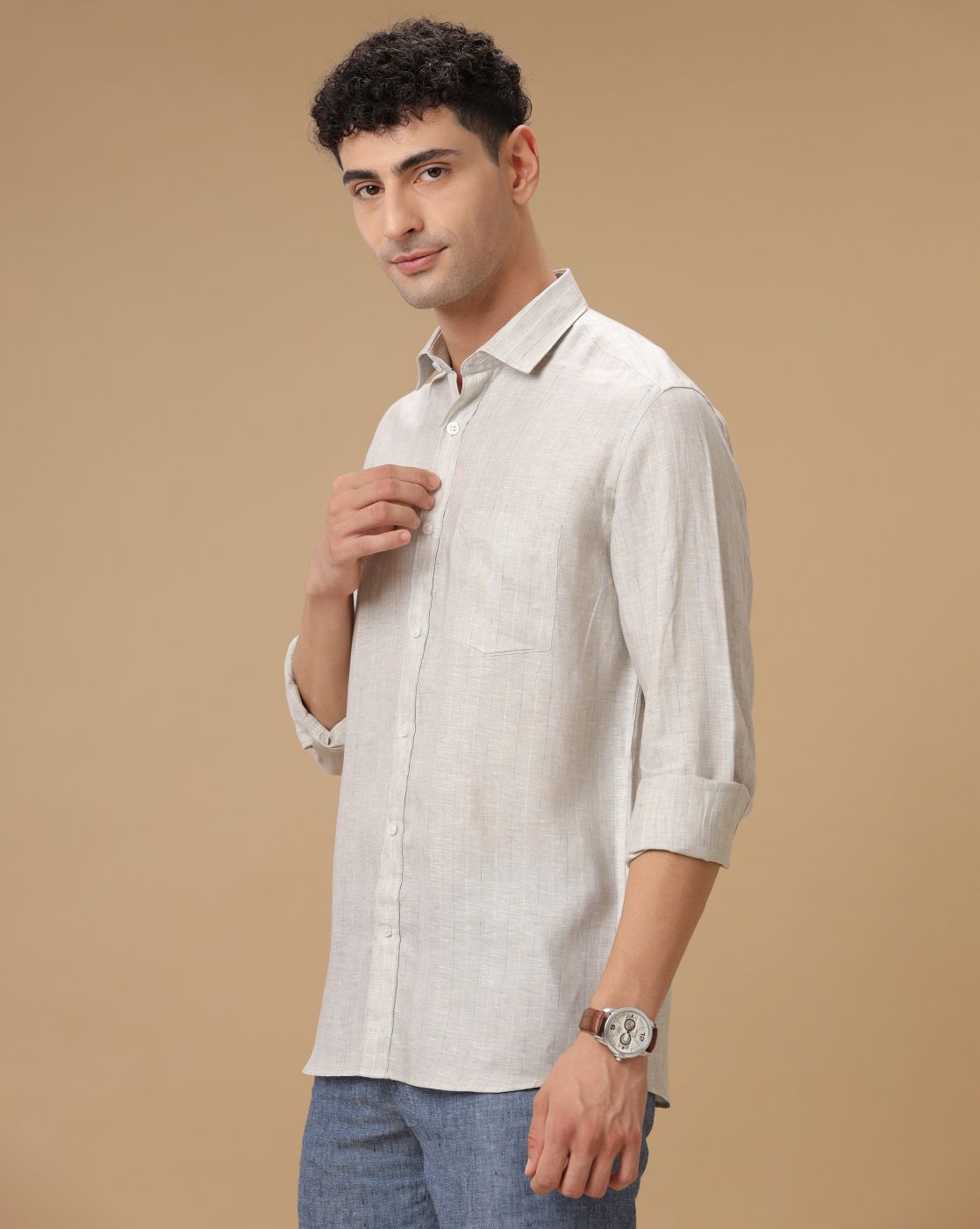 Men's Pure Linen Grey Striped Contemporary Fit Full Sleeve Casual Shirt