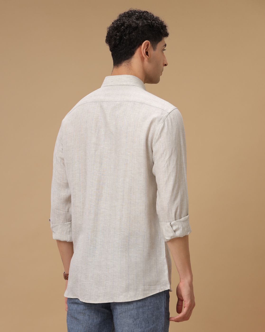 Men's Pure Linen Grey Striped Contemporary Fit Full Sleeve Casual Shirt