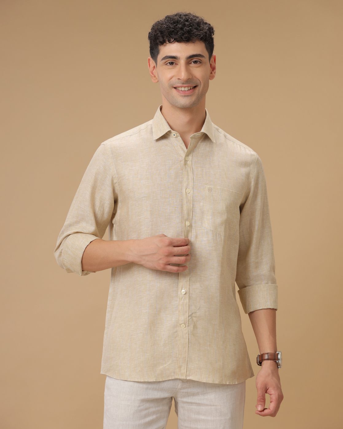 Men's Pure Linen Beige Striped Contemporary Fit Full Sleeve Casual Shirt