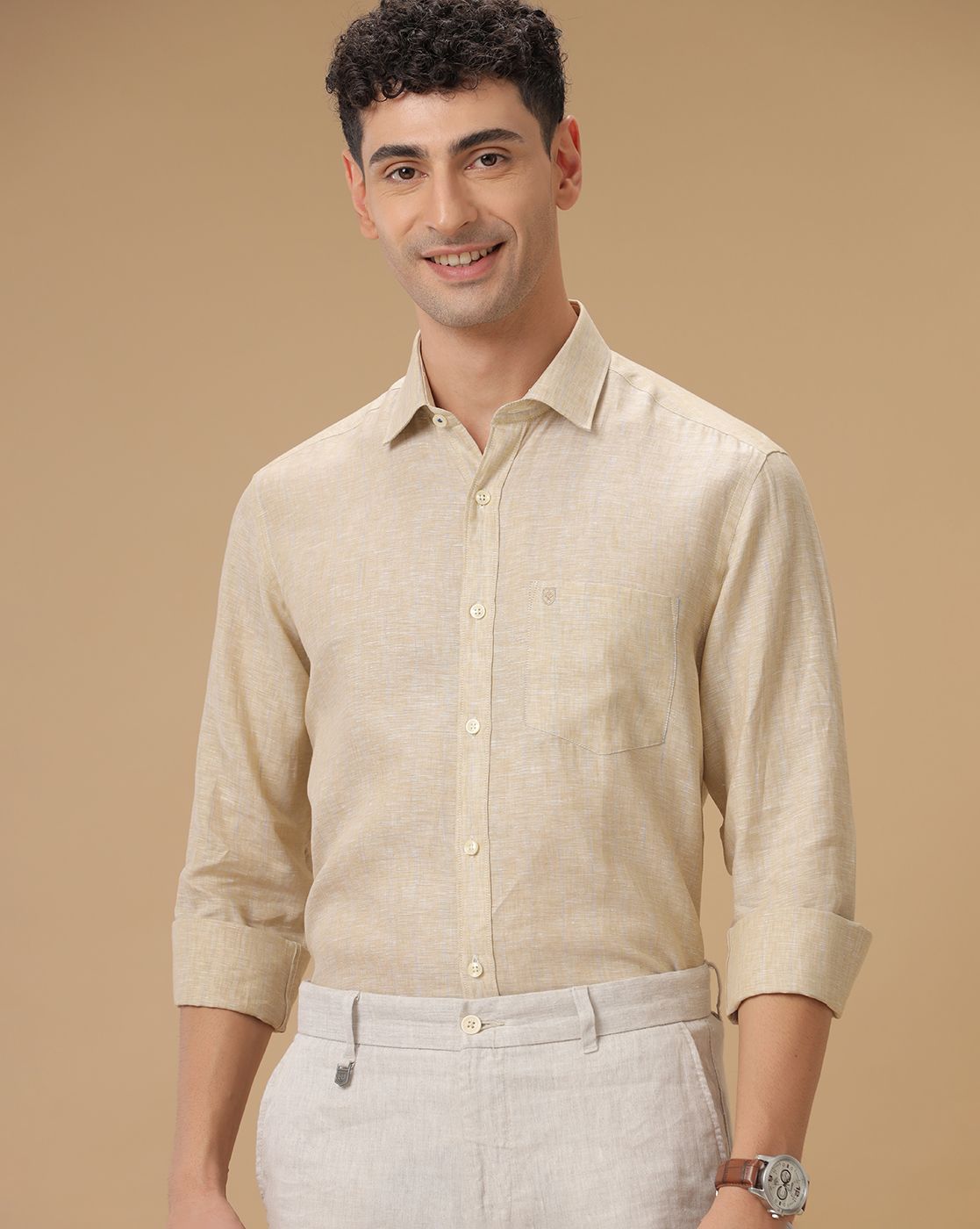 Men's Pure Linen Beige Striped Contemporary Fit Full Sleeve Casual Shirt