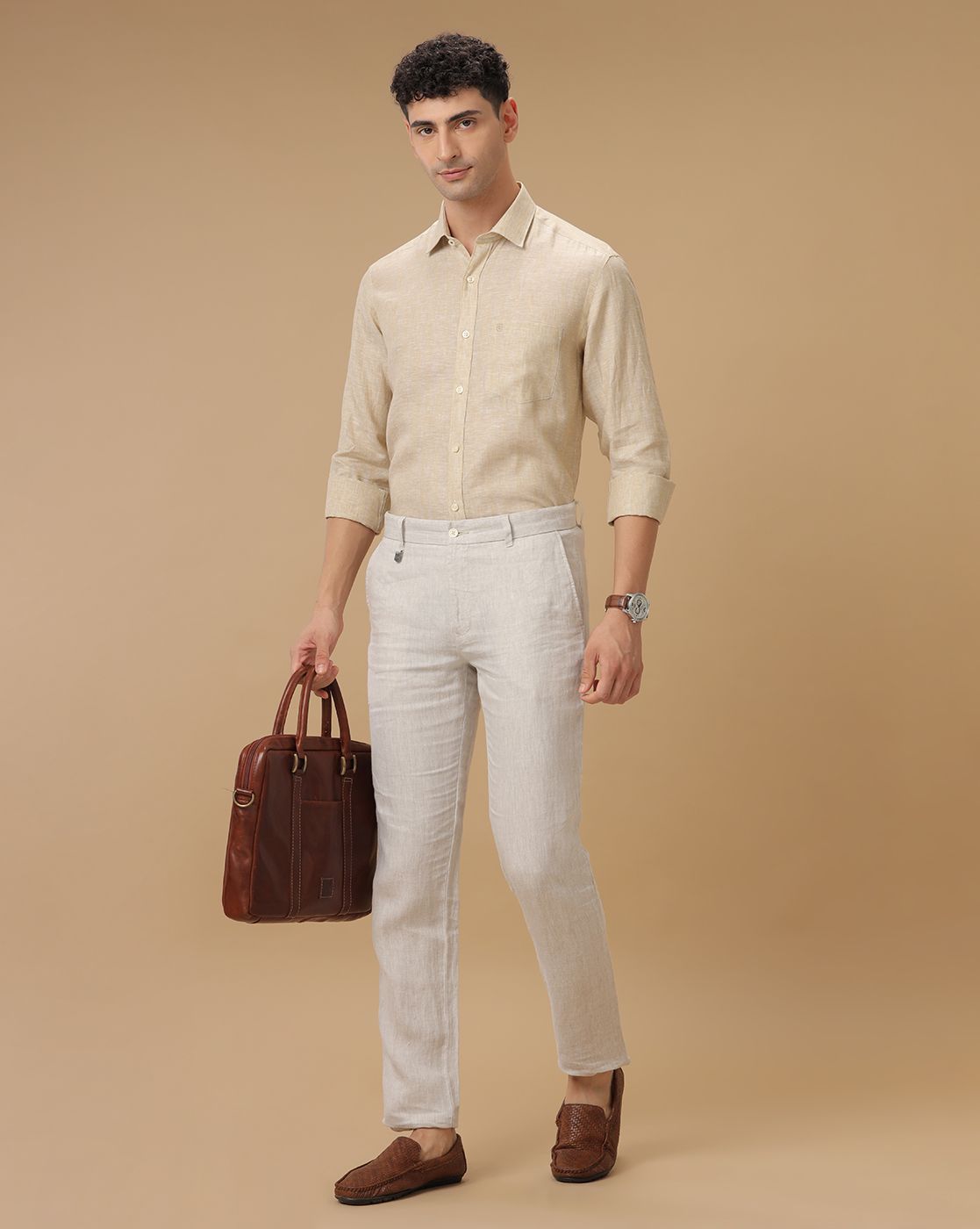 Men's Pure Linen Beige Striped Contemporary Fit Full Sleeve Casual Shirt