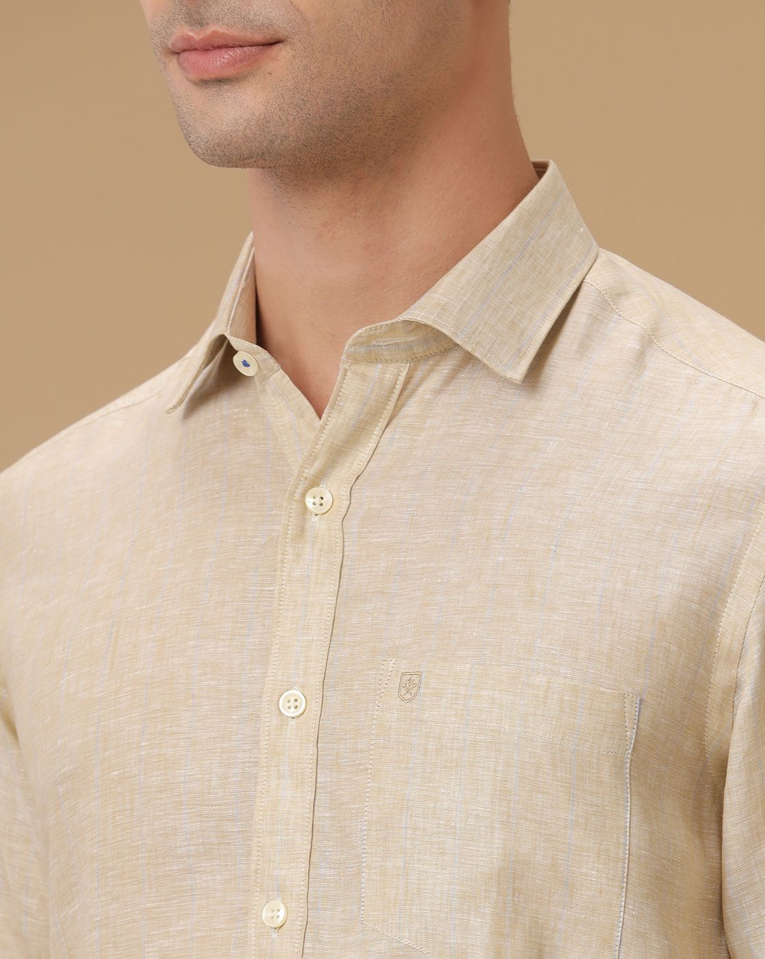 Men's Pure Linen Beige Striped Contemporary Fit Full Sleeve Casual Shirt