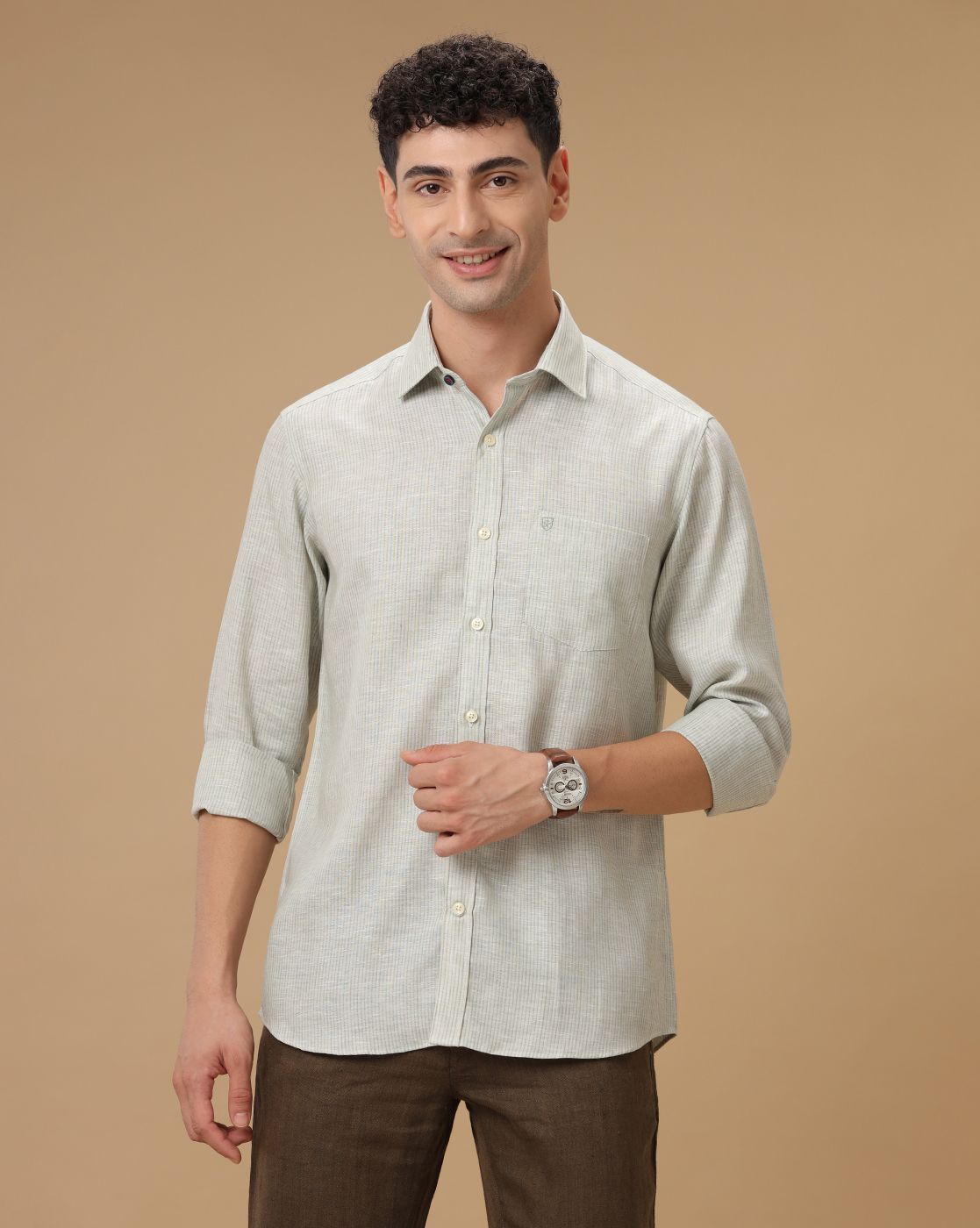 Men's Pure Linen Green Striped Contemporary Fit Full Sleeve Casual Shirt