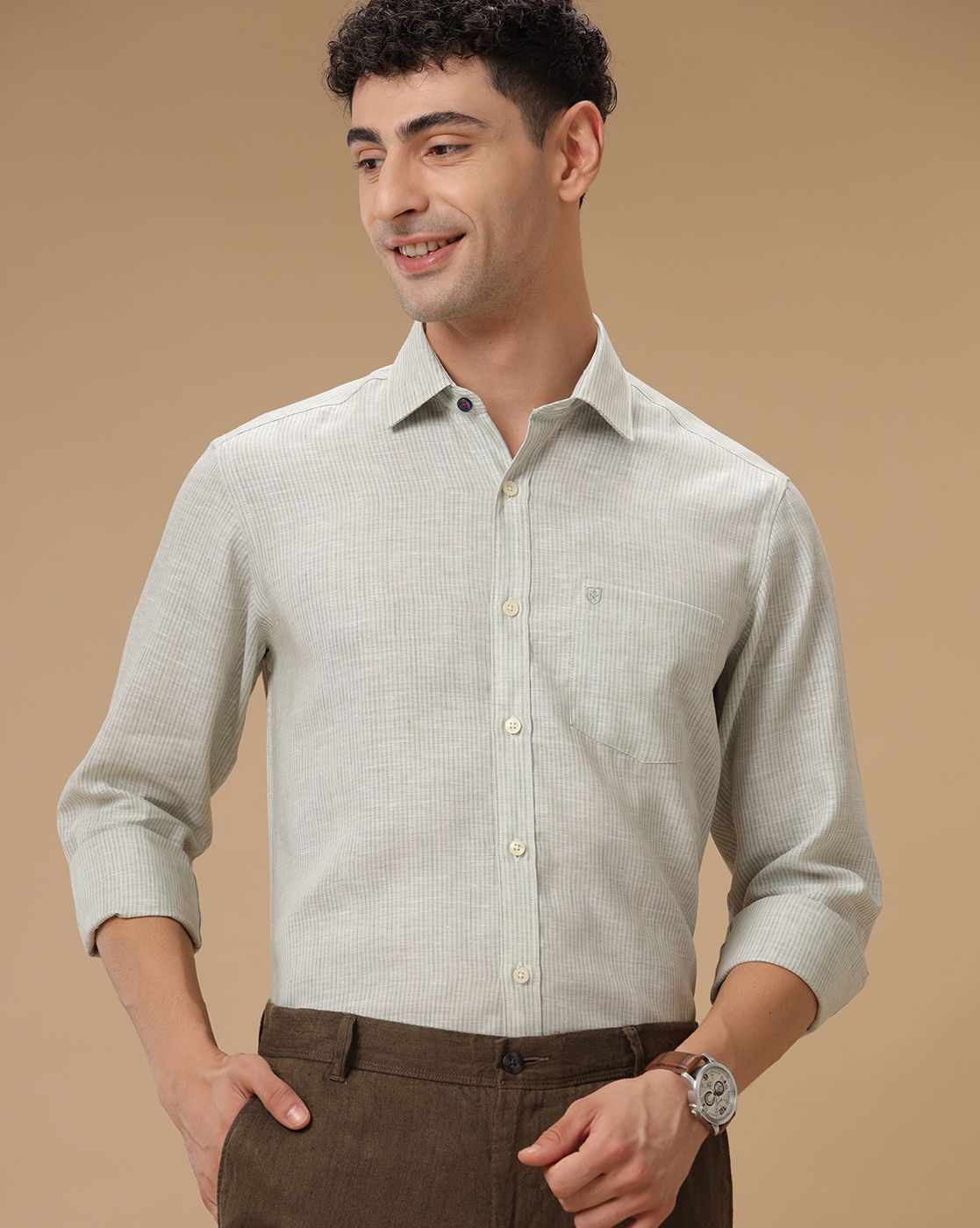 Men's Pure Linen Green Striped Contemporary Fit Full Sleeve Casual Shirt