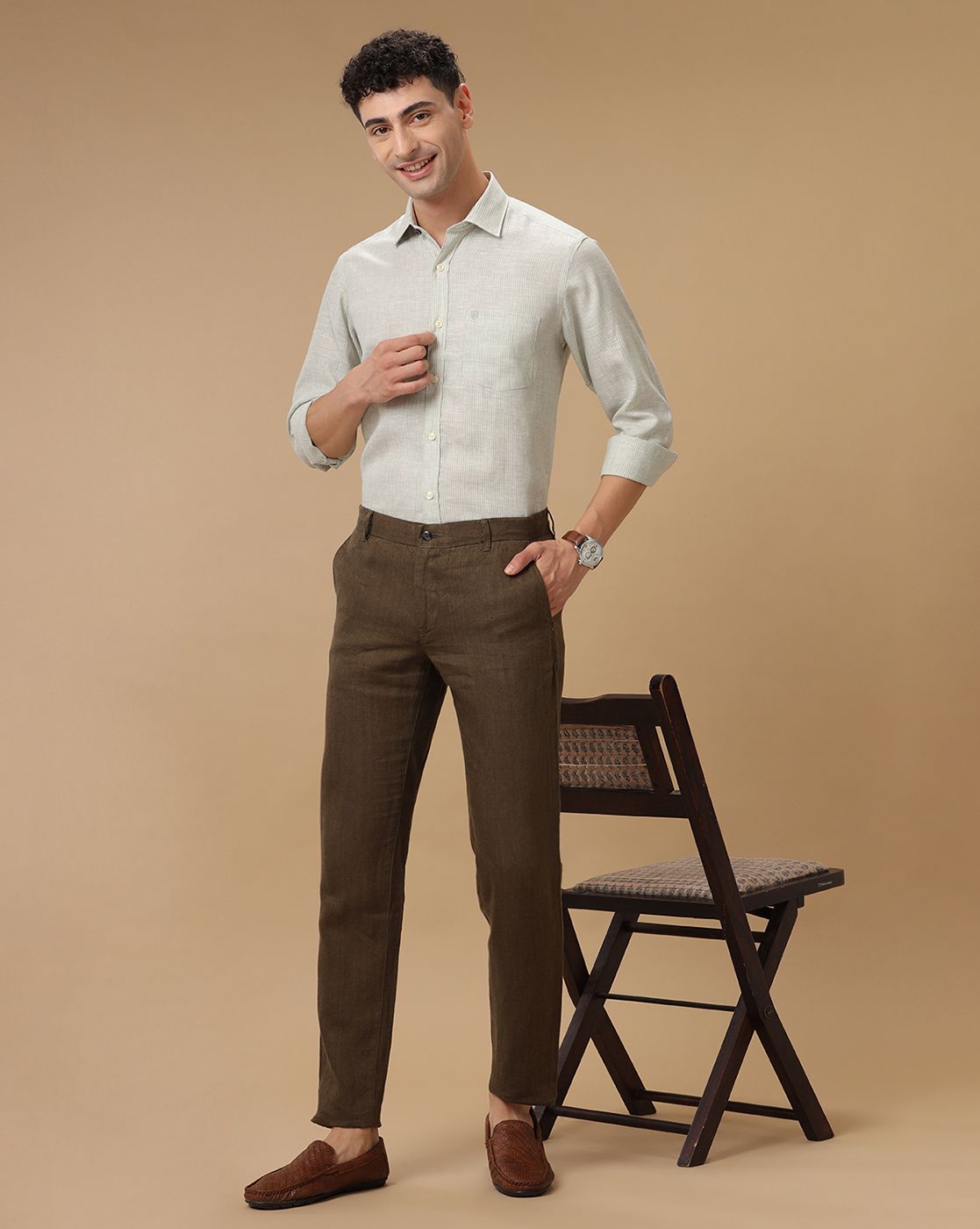 Men's Pure Linen Green Striped Contemporary Fit Full Sleeve Casual Shirt
