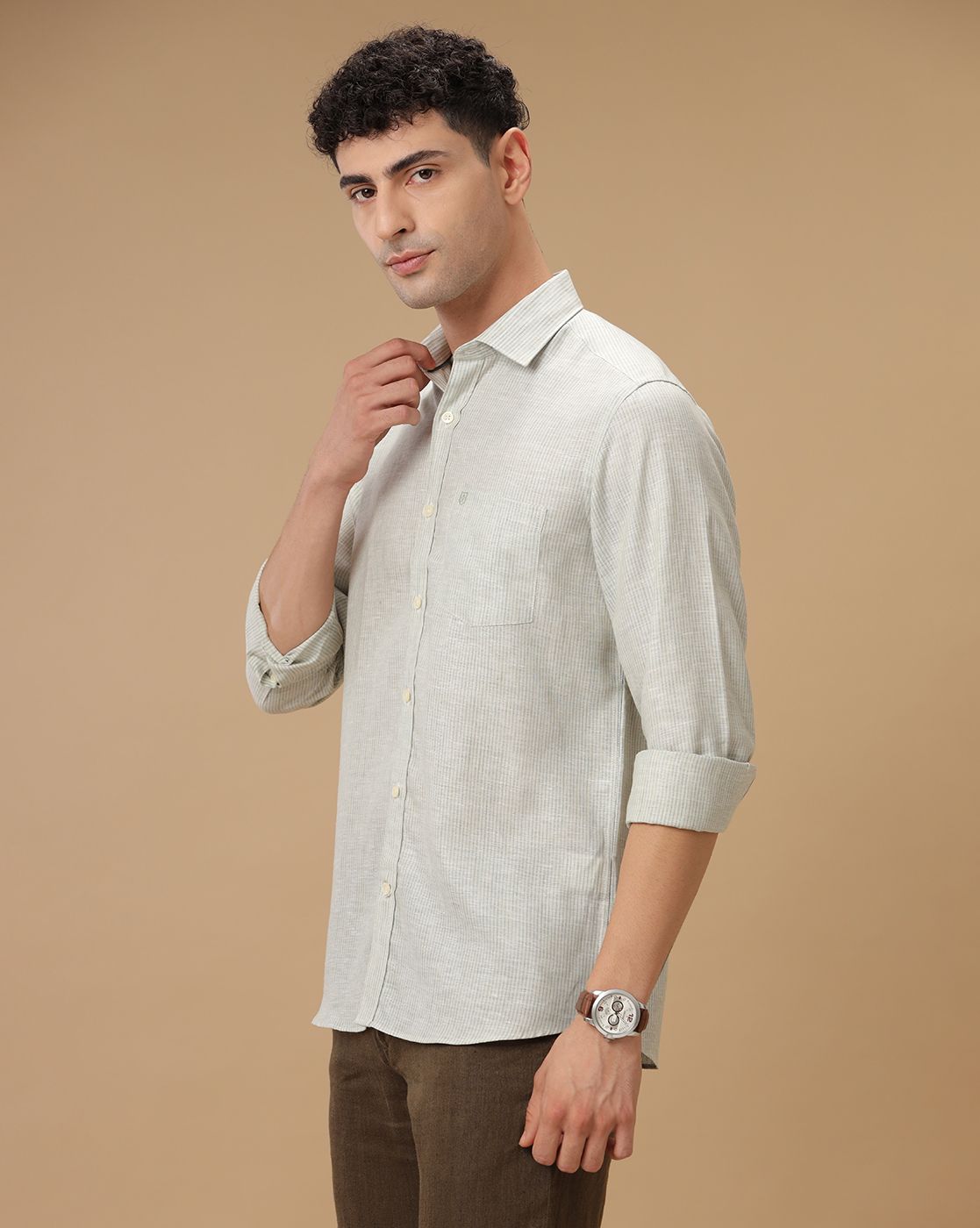 Men's Pure Linen Green Striped Contemporary Fit Full Sleeve Casual Shirt